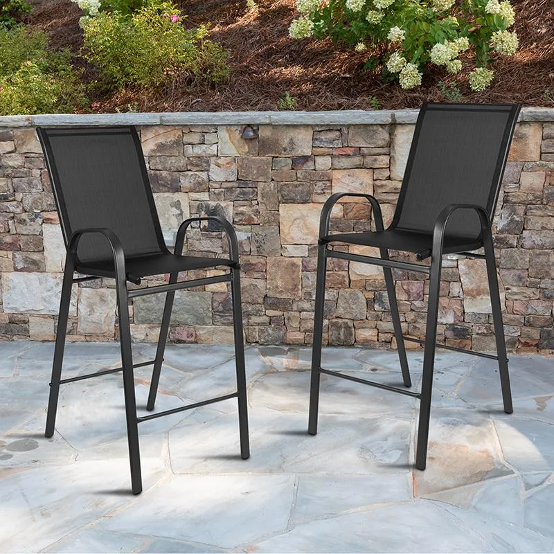 2 Pack Brazos Series Black Outdoor Barstool With Flex Comfort Material And Metal Frame By Flash Furniture