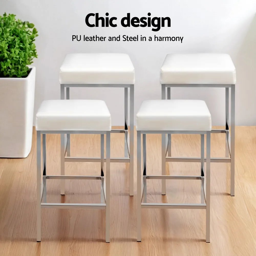 4x Bar Stools | Leather Padded | Metal Frame | White