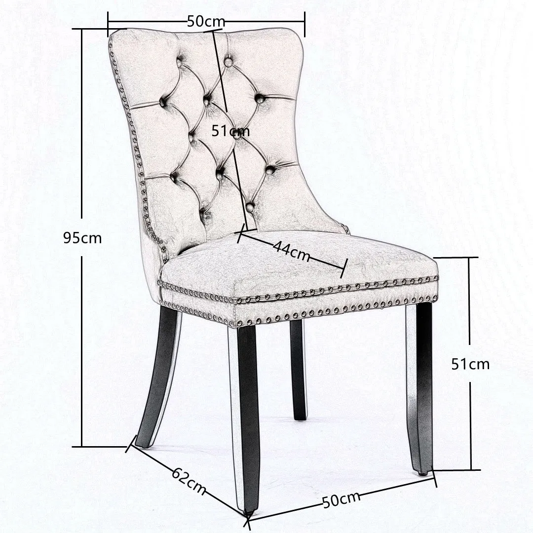 4x Velvet Tufted Dining Chairs with Wood Legs & Stud Trim