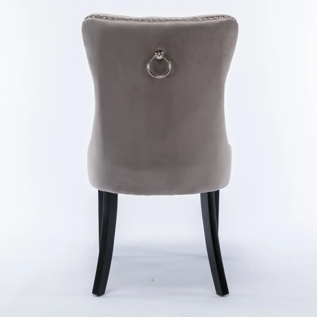 4x Velvet Tufted Dining Chairs with Wood Legs & Stud Trim