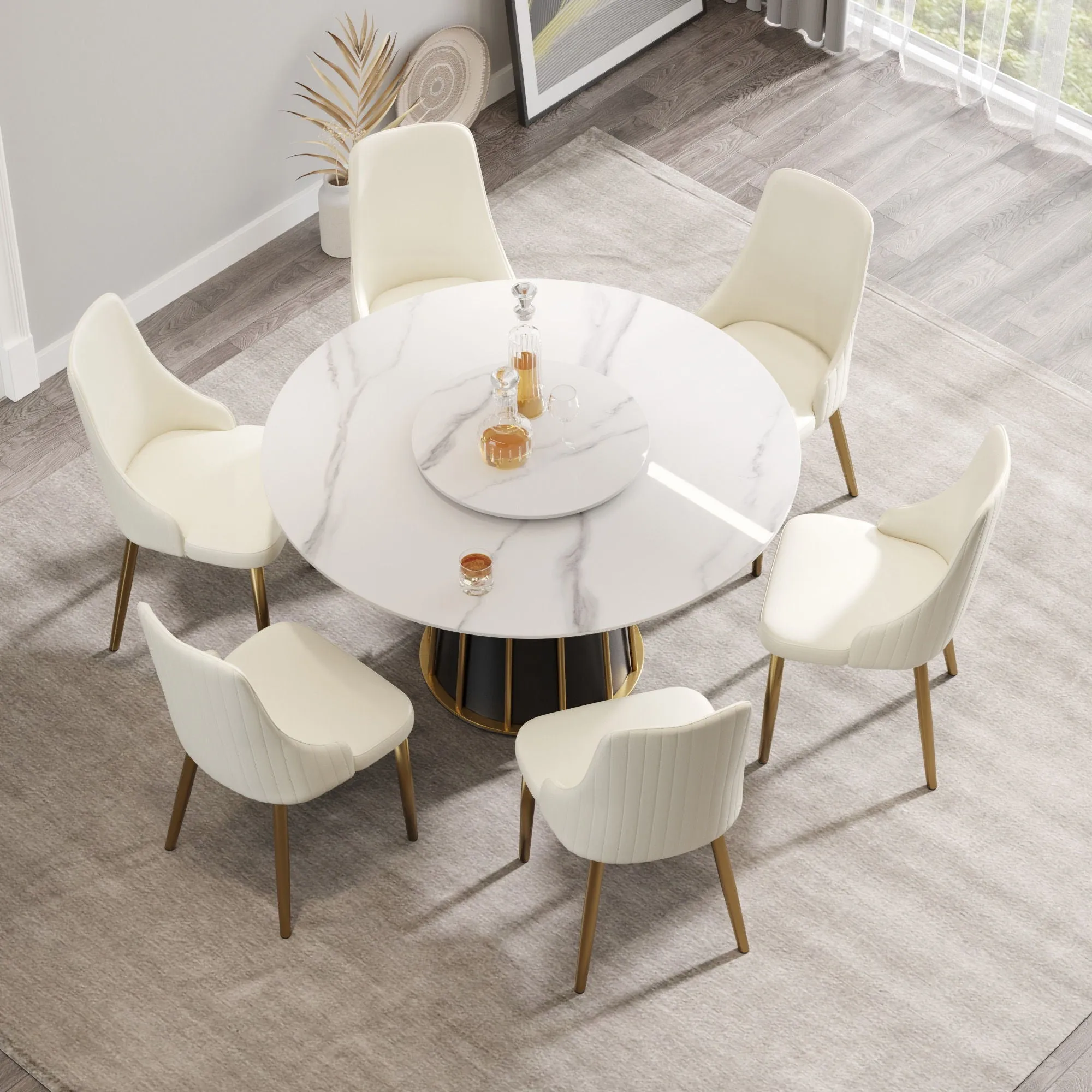 53.15" Modern Artificial Stone Round Panel Metal Iron Base Dining Table, Can Accommodate 6 People-23.62" Artificial Stone Turntable (Not Including Chairs) - White / Black by Couch.com