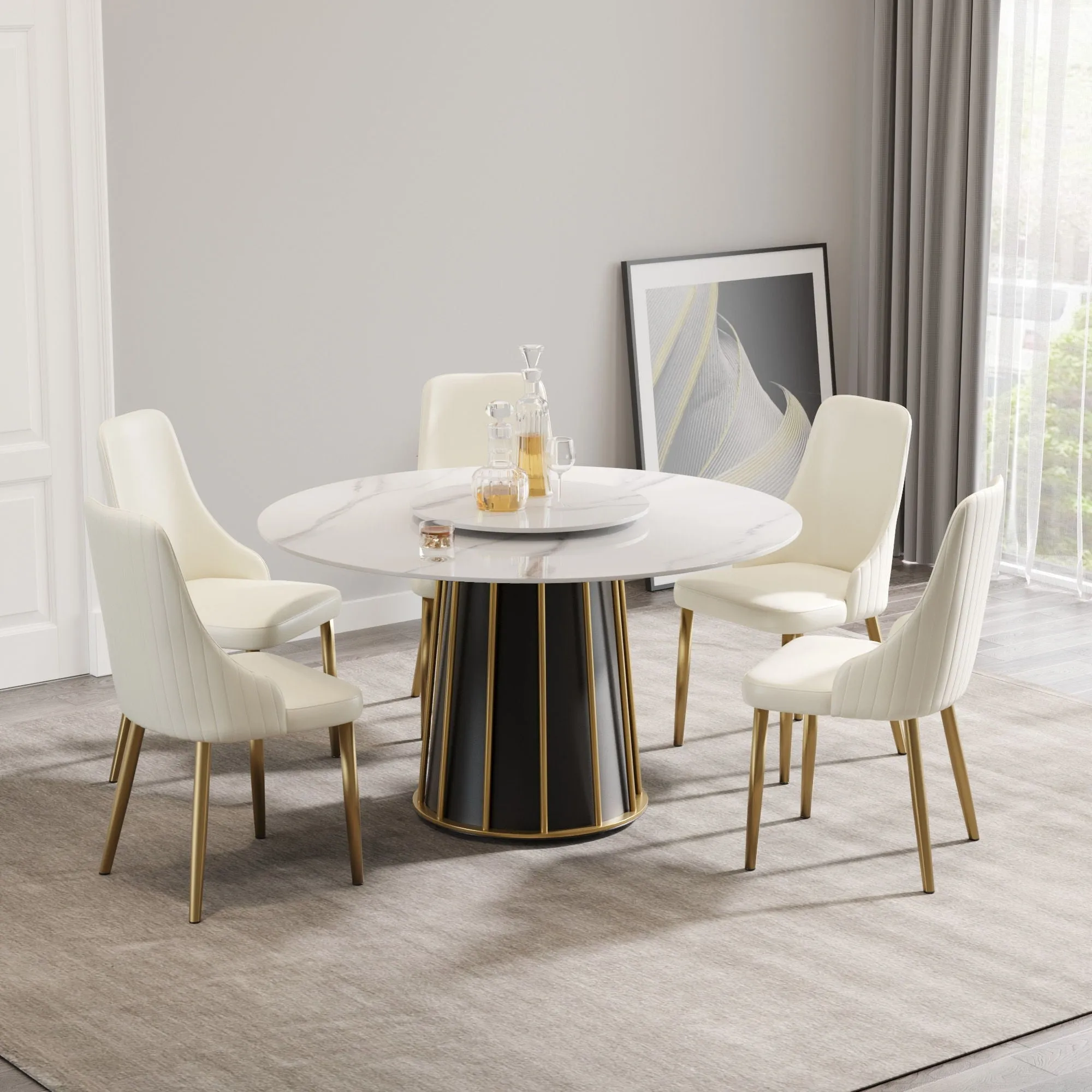 53.15" Modern Artificial Stone Round Panel Metal Iron Base Dining Table, Can Accommodate 6 People-23.62" Artificial Stone Turntable (Not Including Chairs) - White / Black by Couch.com