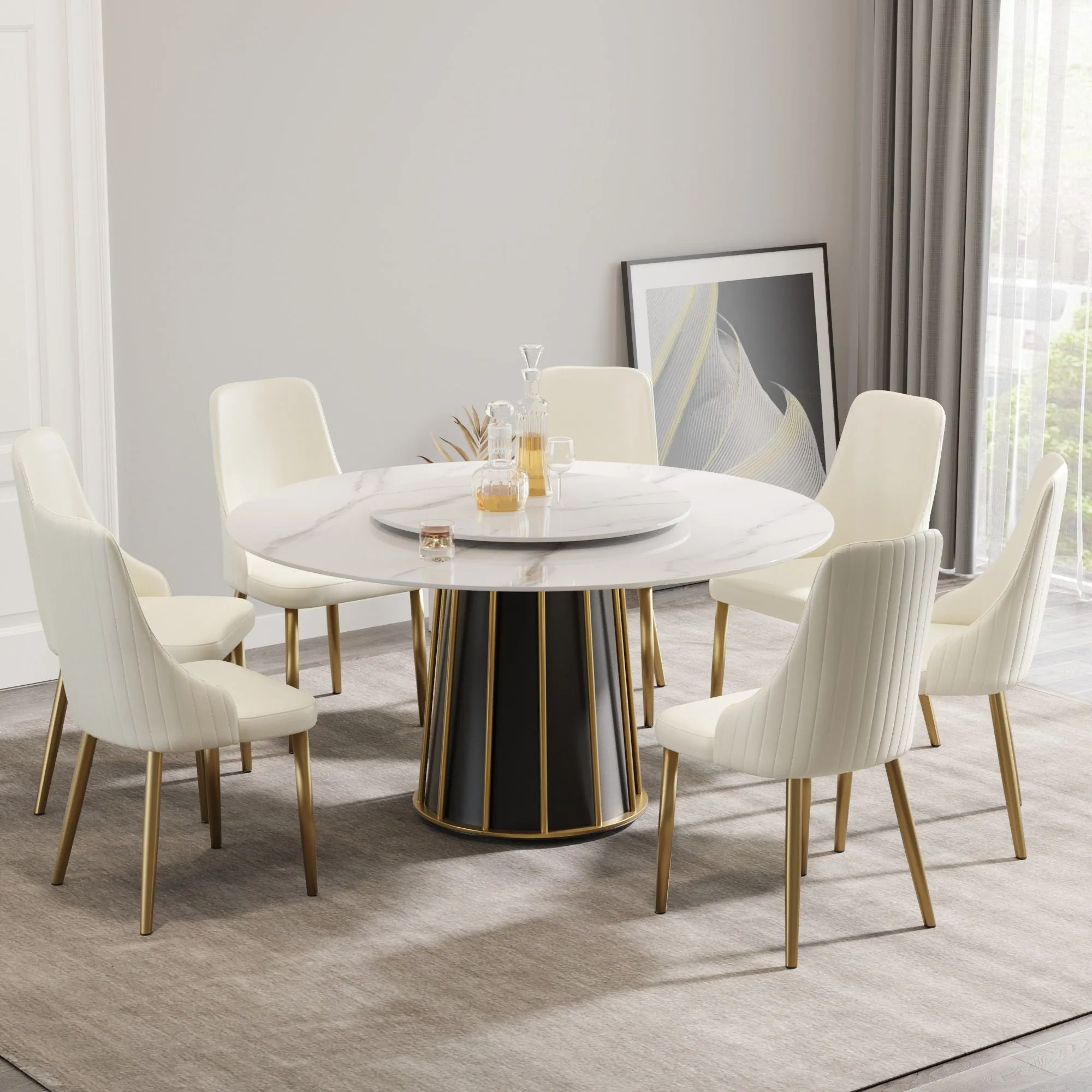 59.05" Modern Artificial Stone Round Panel Metal Iron Base Dining Table, Can Accommodate 8 People Artificial Stone Turntable (Not Including Chairs) - White / Black by Couch.com