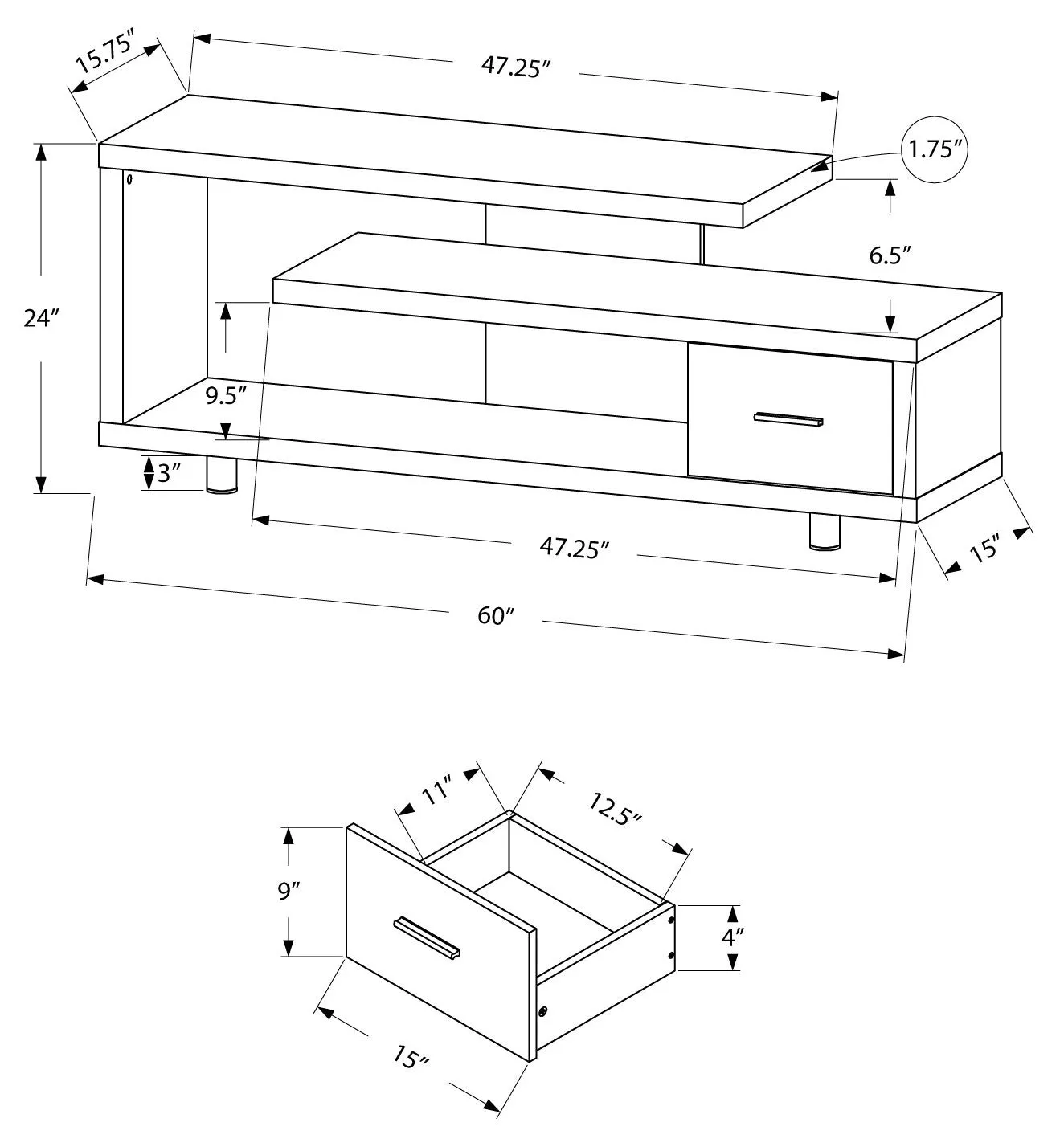 60"L Dark Taupe With 1 Drawer Tv Stand