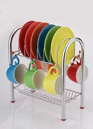 746_Stainless Steel 2 Layer Plate & Bowl Stand Kitchen Utensil Rack / Cutlery Stand