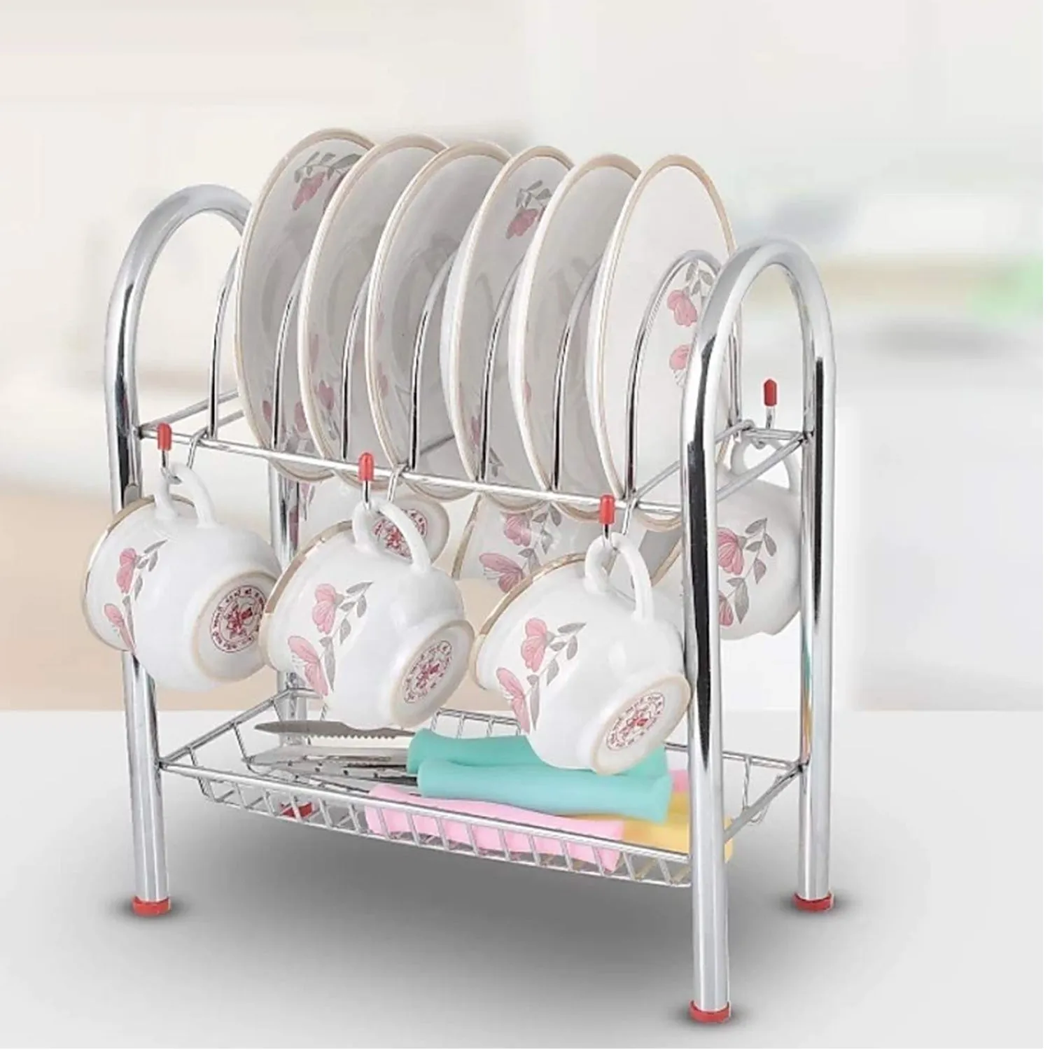 746_Stainless Steel 2 Layer Plate & Bowl Stand Kitchen Utensil Rack / Cutlery Stand
