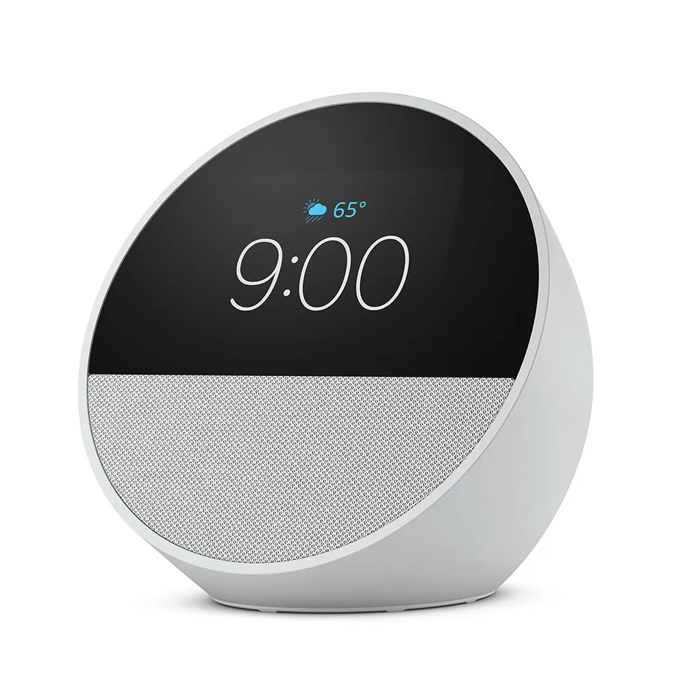 Amazon Echo Spot (newest model), Great for nightstands, offices and kitchens, Smart alarm clock with Alexa, Glacier White