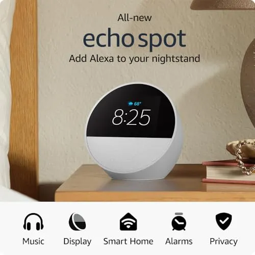 Amazon Echo Spot (newest model), Great for nightstands, offices and kitchens, Smart alarm clock with Alexa, Glacier White