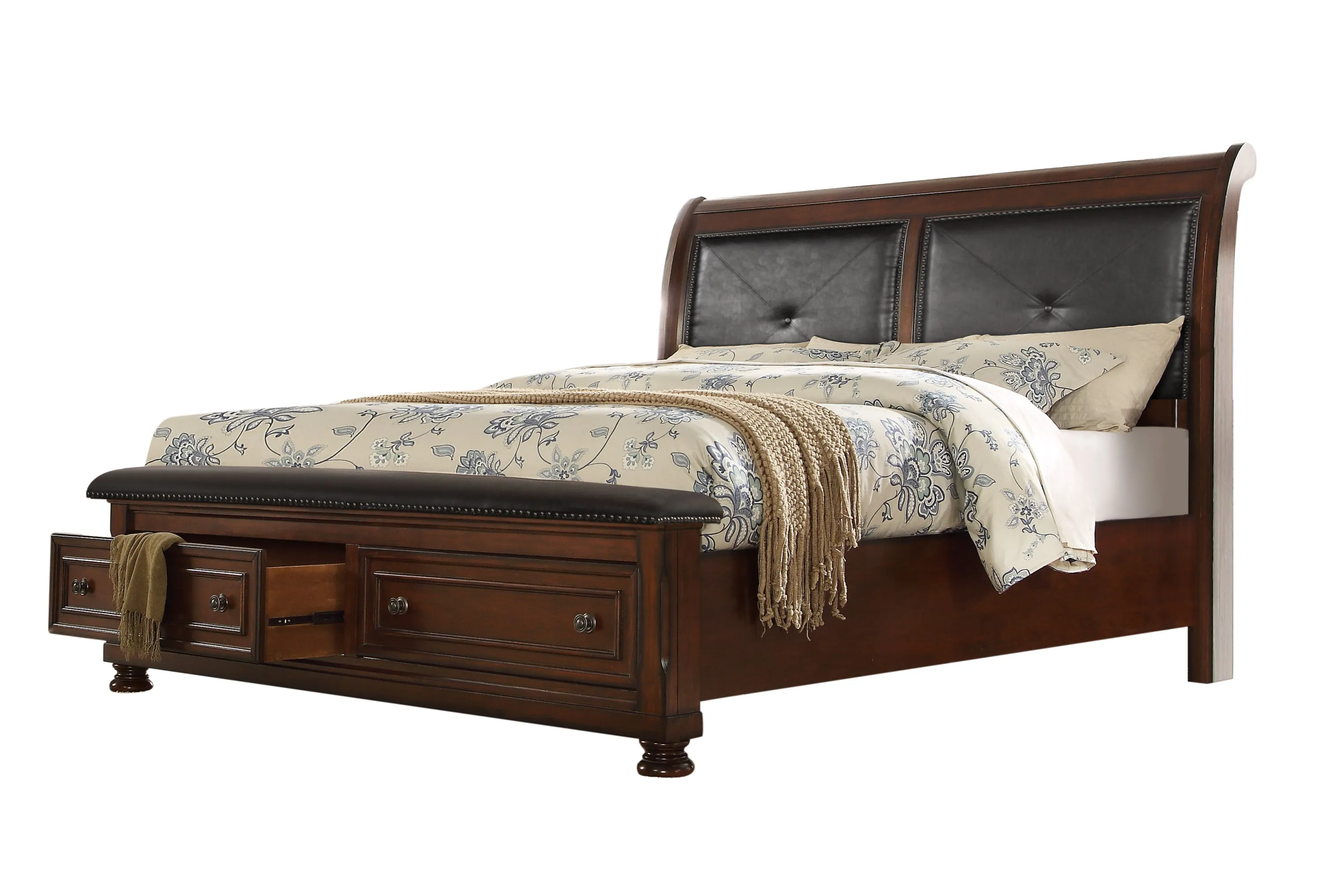Austin King Size Leather Headboard Storage Bed made with Wood in Dark Walnut