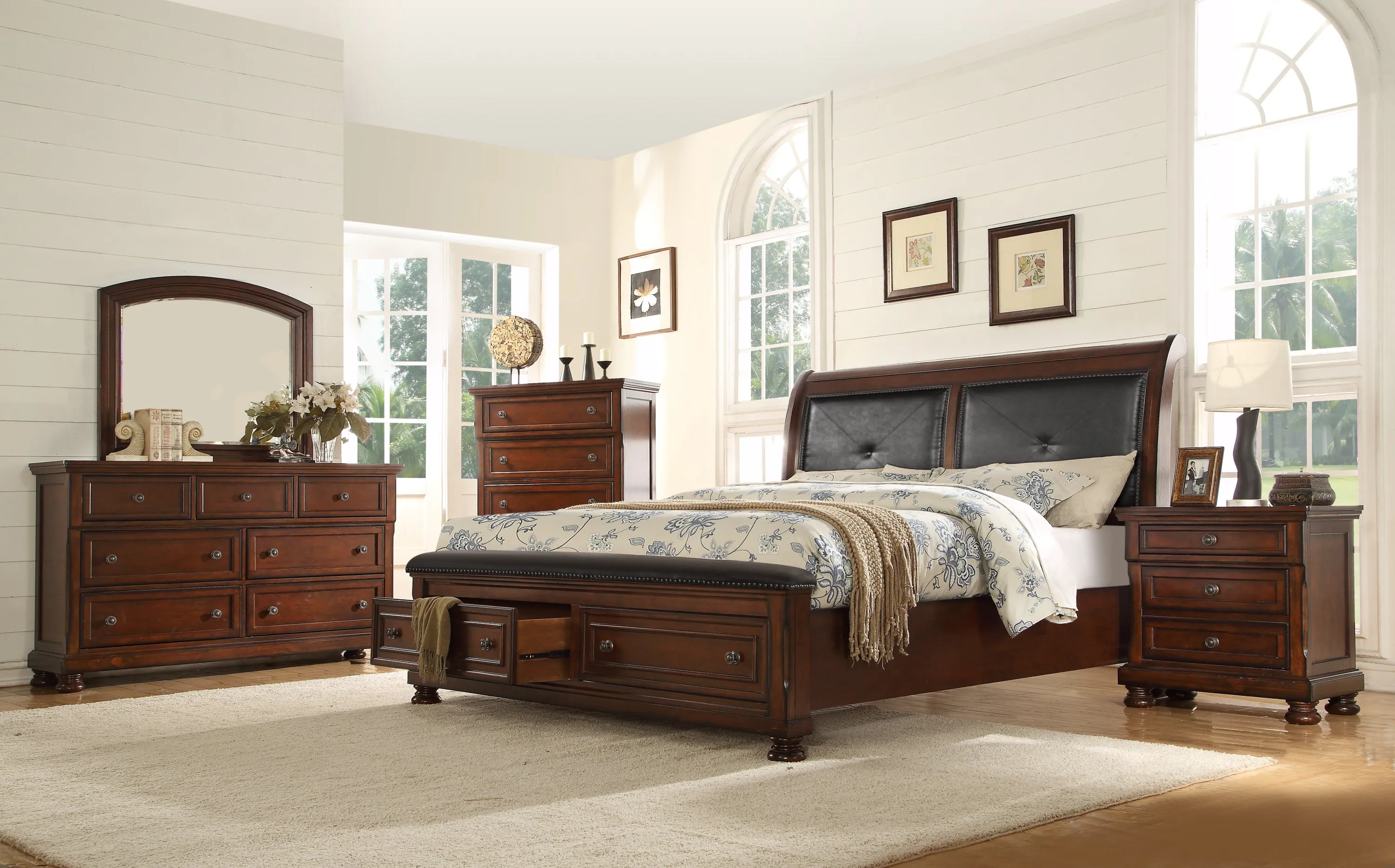 Austin King Size Leather Headboard Storage Bed made with Wood in Dark Walnut