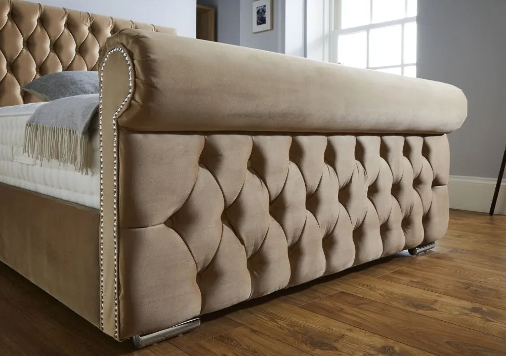 Bisma Fabric Chesterfield Sleigh Bed - 5FT0 King Size