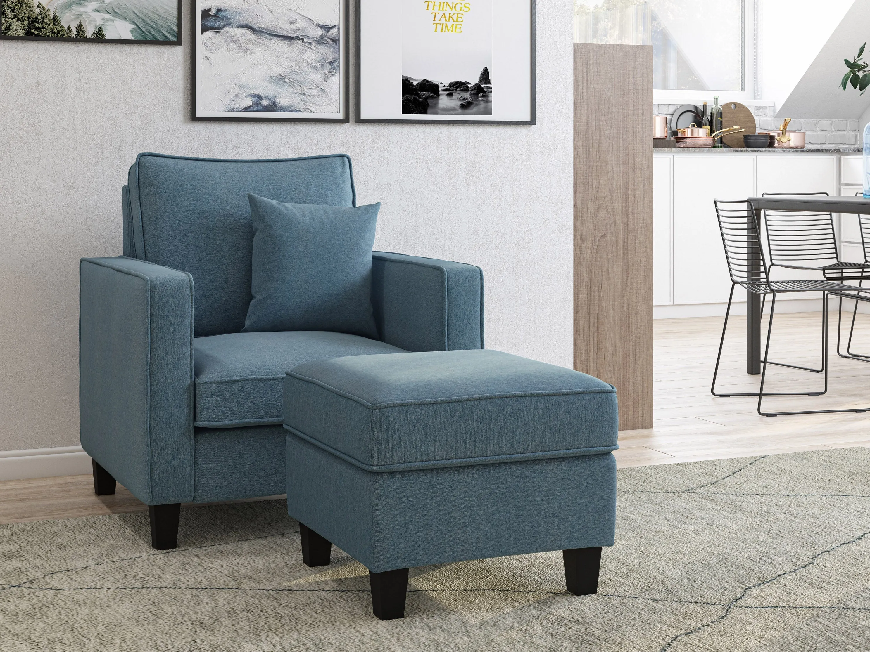 Blue Fabric Arm Chair with Ottoman