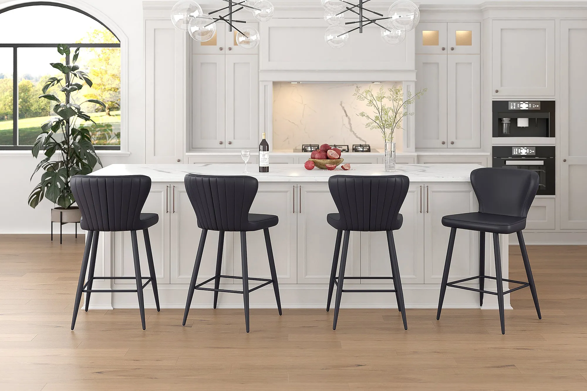 Clover 26" Counter Stool, Set of 2, in Black Faux Leather and Black