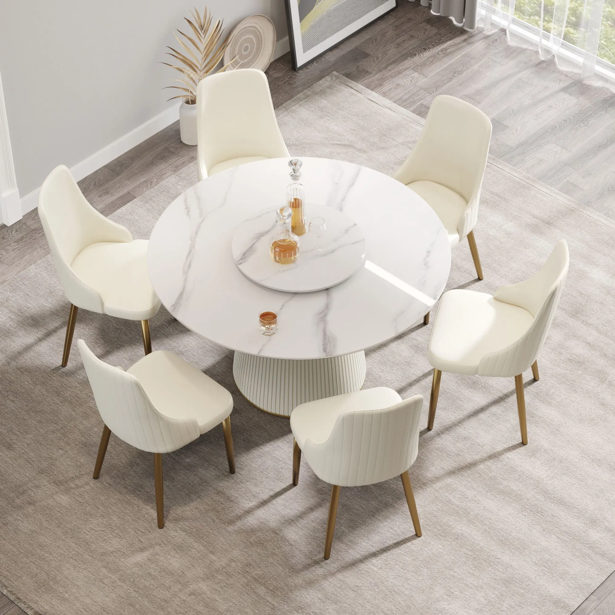 Couch.com Modern Artificial Stone Round Plywood Base Dining Table, Can Accommodate 6 People, Artificial Stone Turntable (Not Including Chairs) White / Beige, Durable Design, Easy to Clean by Couch.com