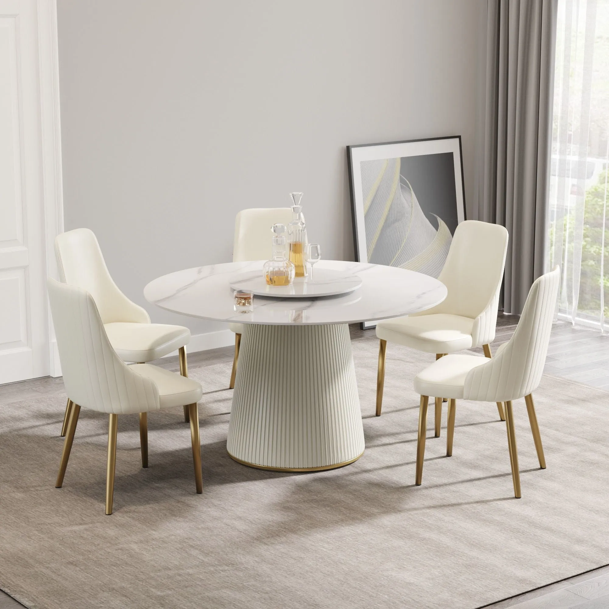 Couch.com Modern Artificial Stone Round Plywood Base Dining Table, Can Accommodate 6 People, Artificial Stone Turntable (Not Including Chairs) White / Beige, Durable Design, Easy to Clean by Couch.com