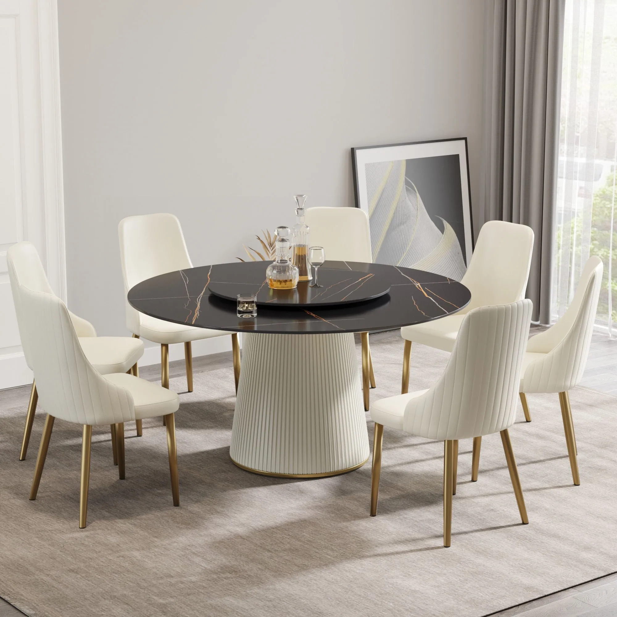 Couch.com Modern Artificial Stone Round Plywood Base Dining Table, Can Accommodate 8 People Artificial Stone Turntable (Not Including Chairs) Black / Beige, Durable Design, Easy to Clean by Couch.com