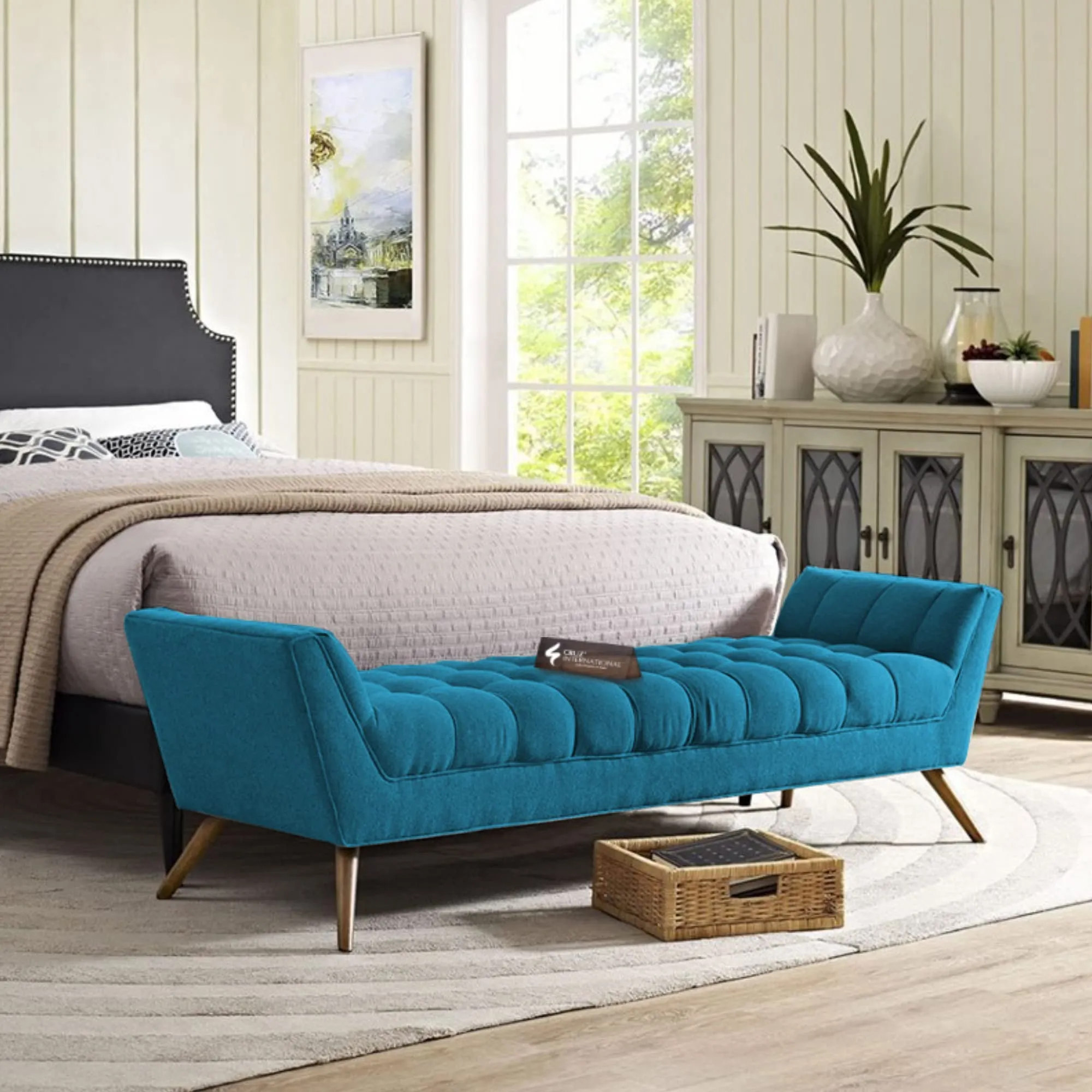 CRUZ INTERNATIONAL - online shopping-be ready ! Dark Sky Blue Velvet 3-Seater Settee for Living Room Decor with Solid Wood Frame