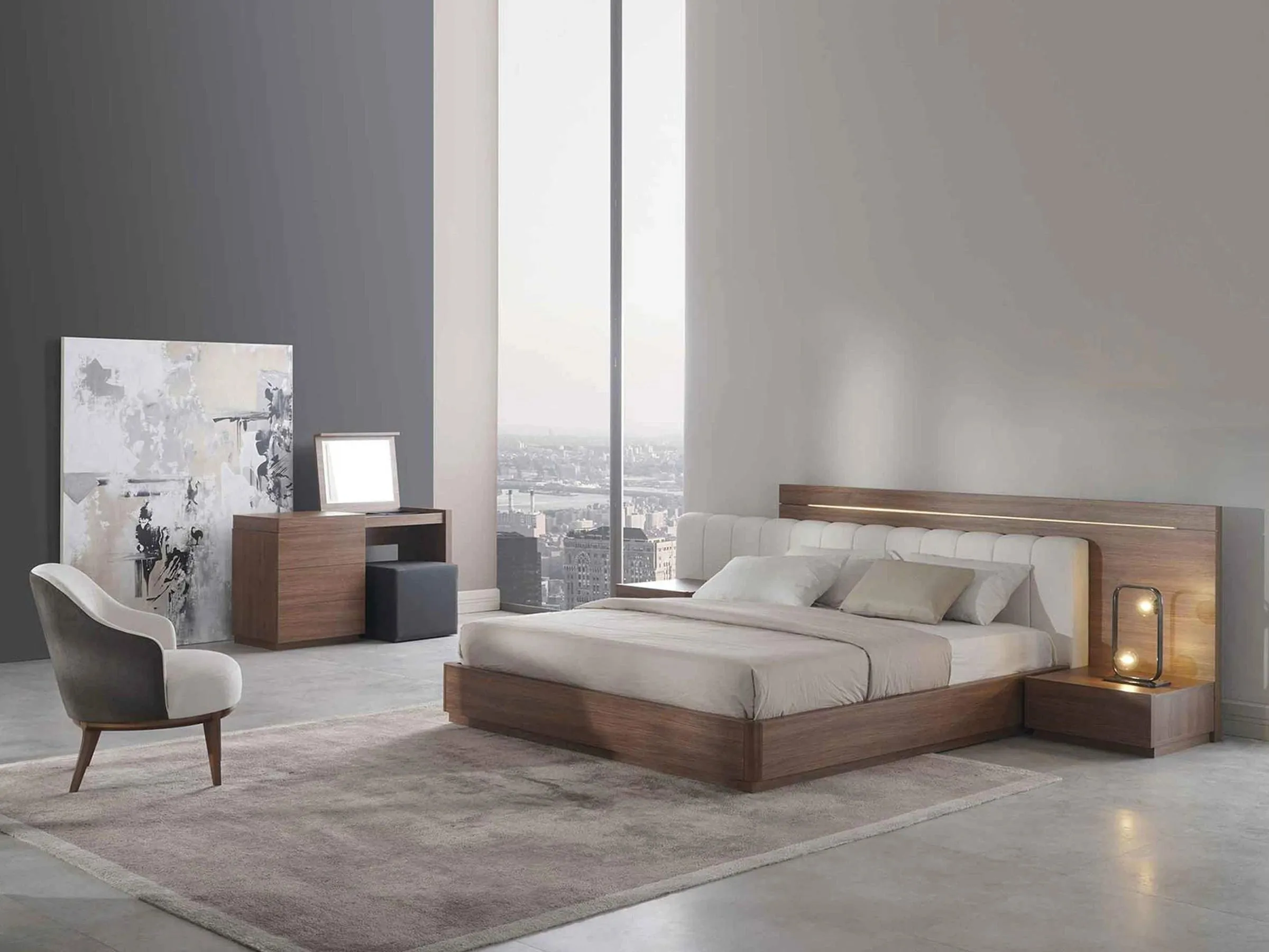 Double Bed - Sliced Headboard and Wood Bedframe