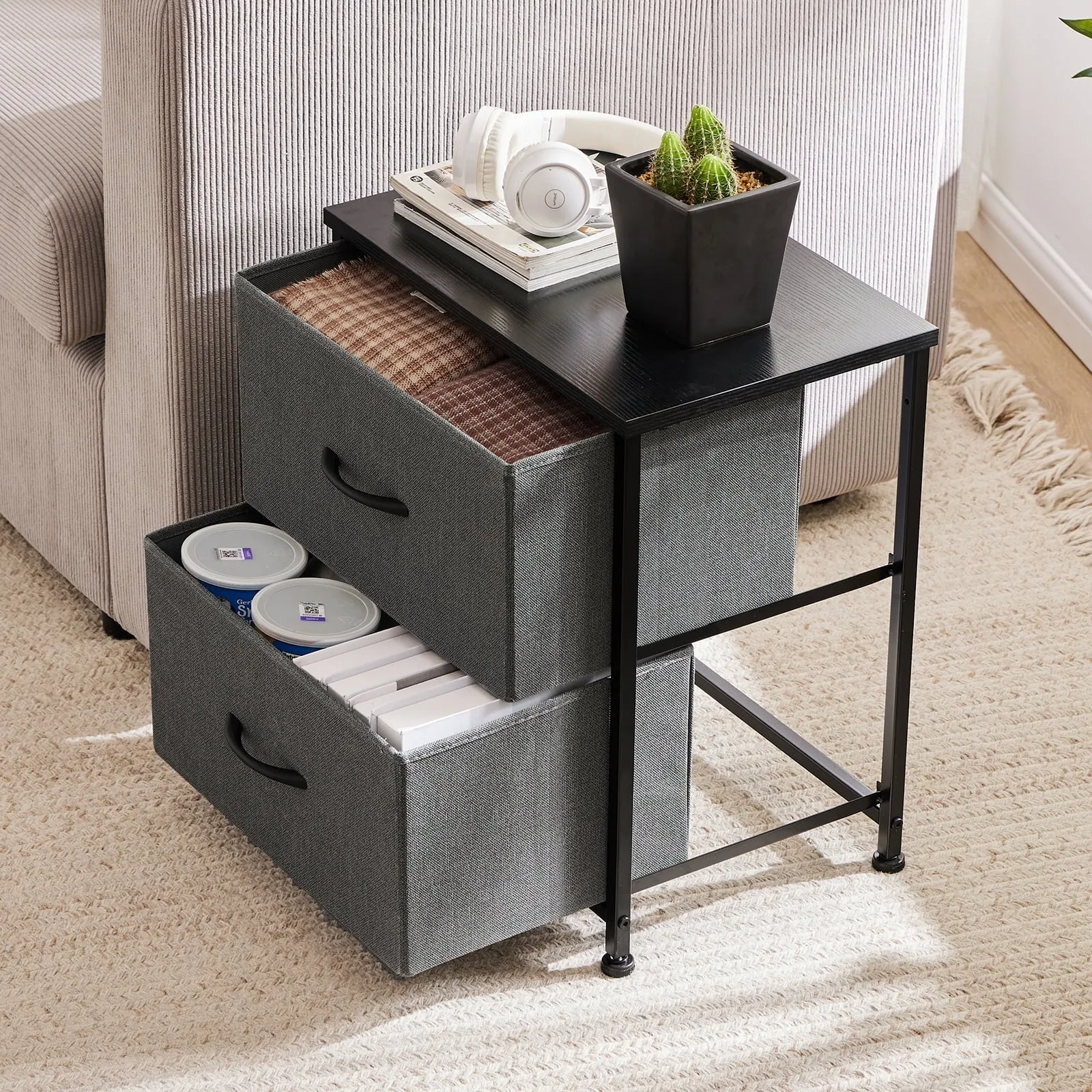 edx Nightstand, End Table Side Table with 2 Fabric Drawers Bedside Table for Bedroom, Closet, Dorm, Grey