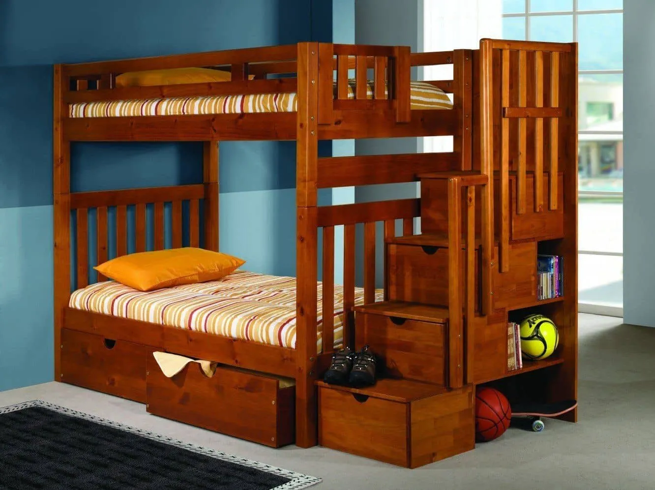 Elliot Honey Bunk Bed with Stairs and Shelves