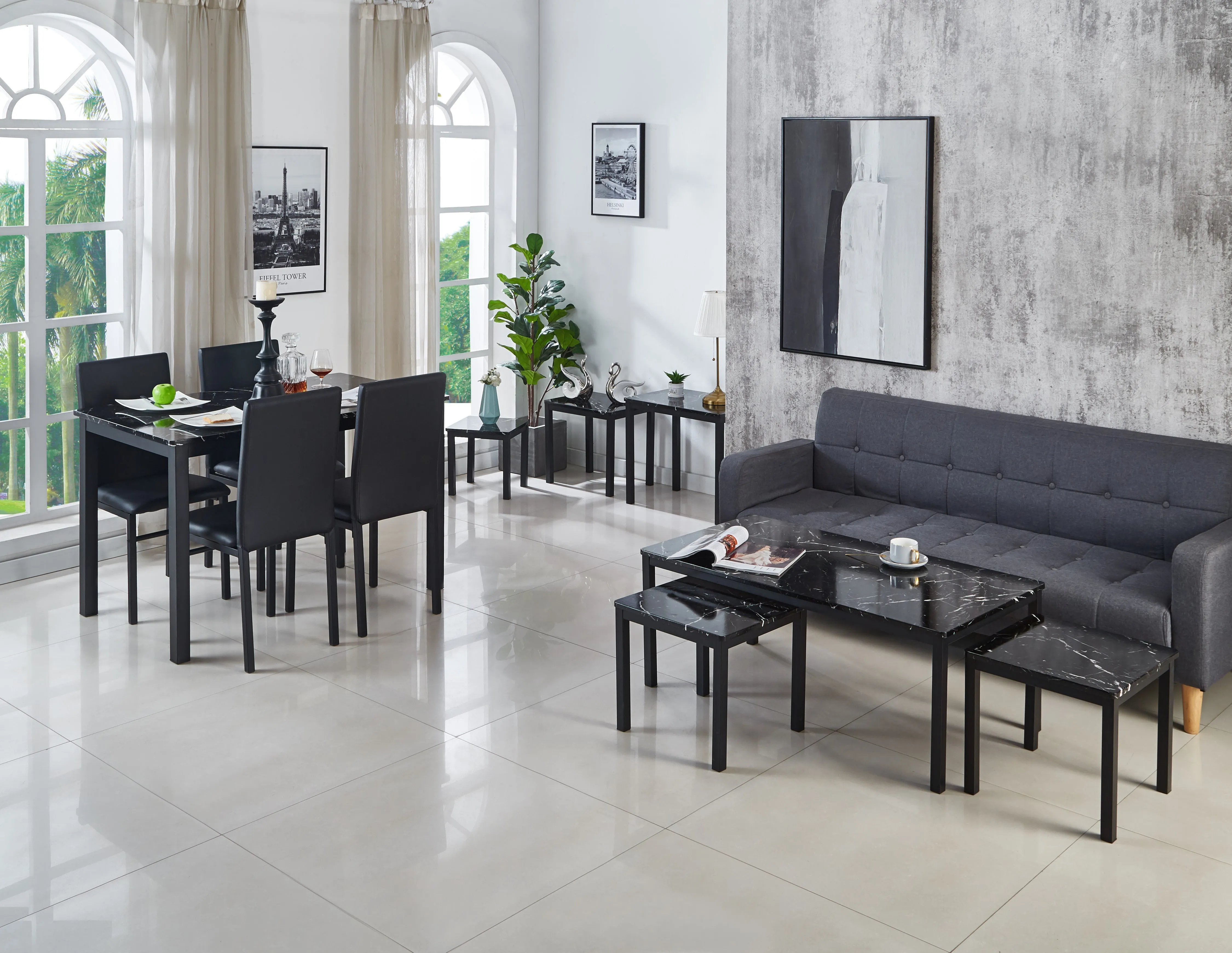 Emillia Marble Effect Dining Table and Chairs, Table with 4 Chairs or 6 Chairs