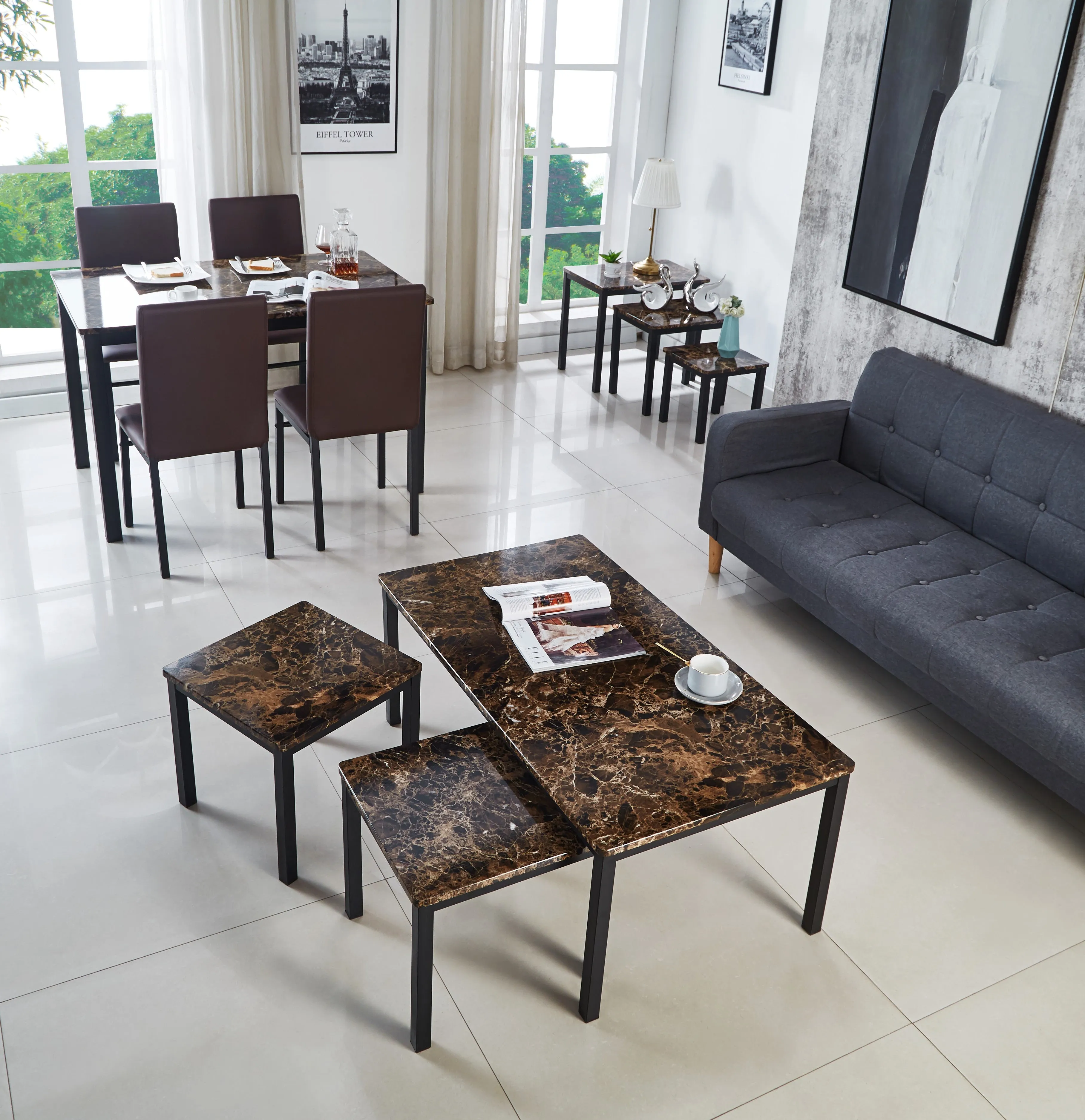 Emillia Marble Effect Dining Table and Chairs, Table with 4 Chairs or 6 Chairs