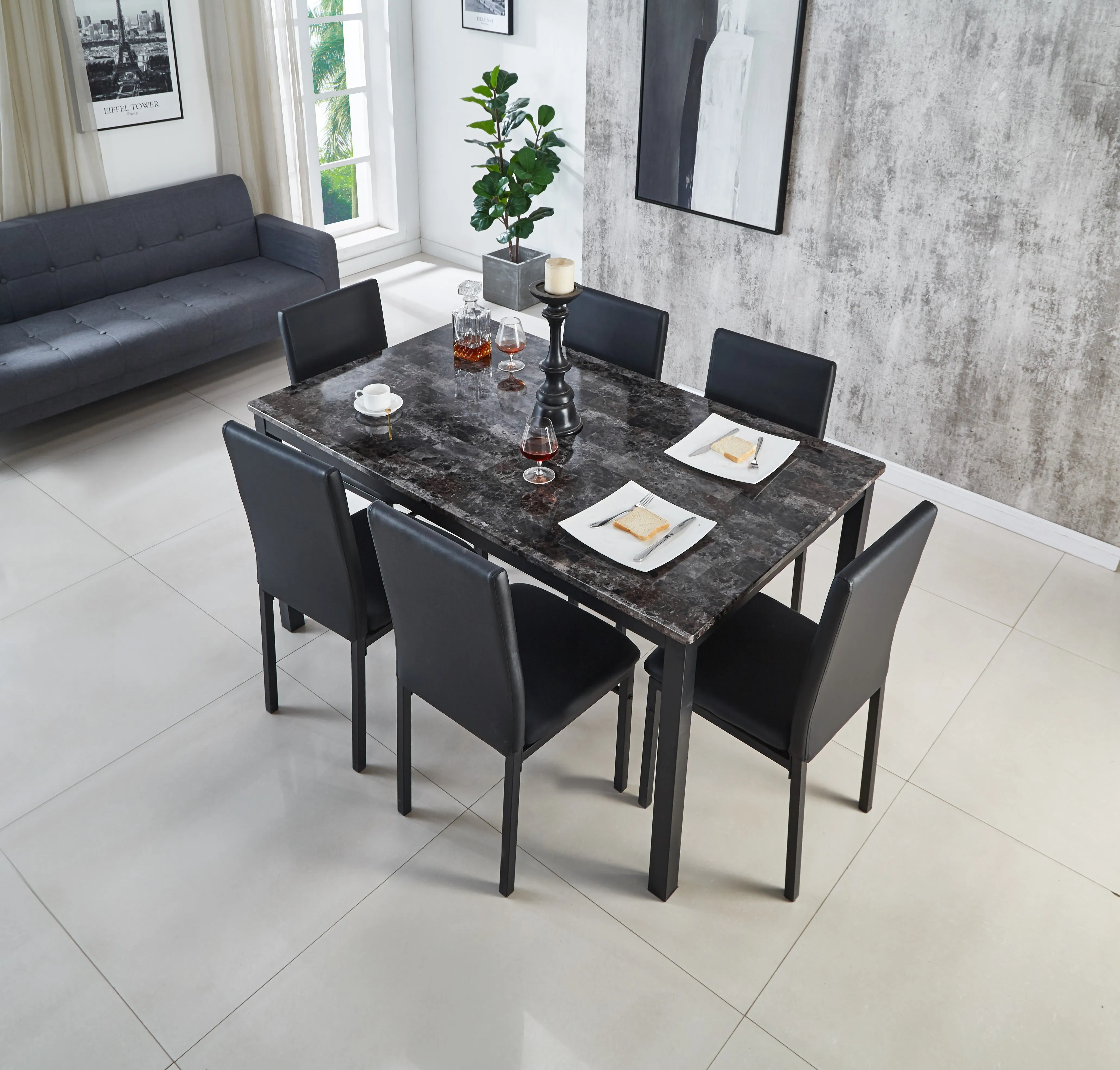 Emillia Marble Effect Dining Table and Chairs, Table with 4 Chairs or 6 Chairs