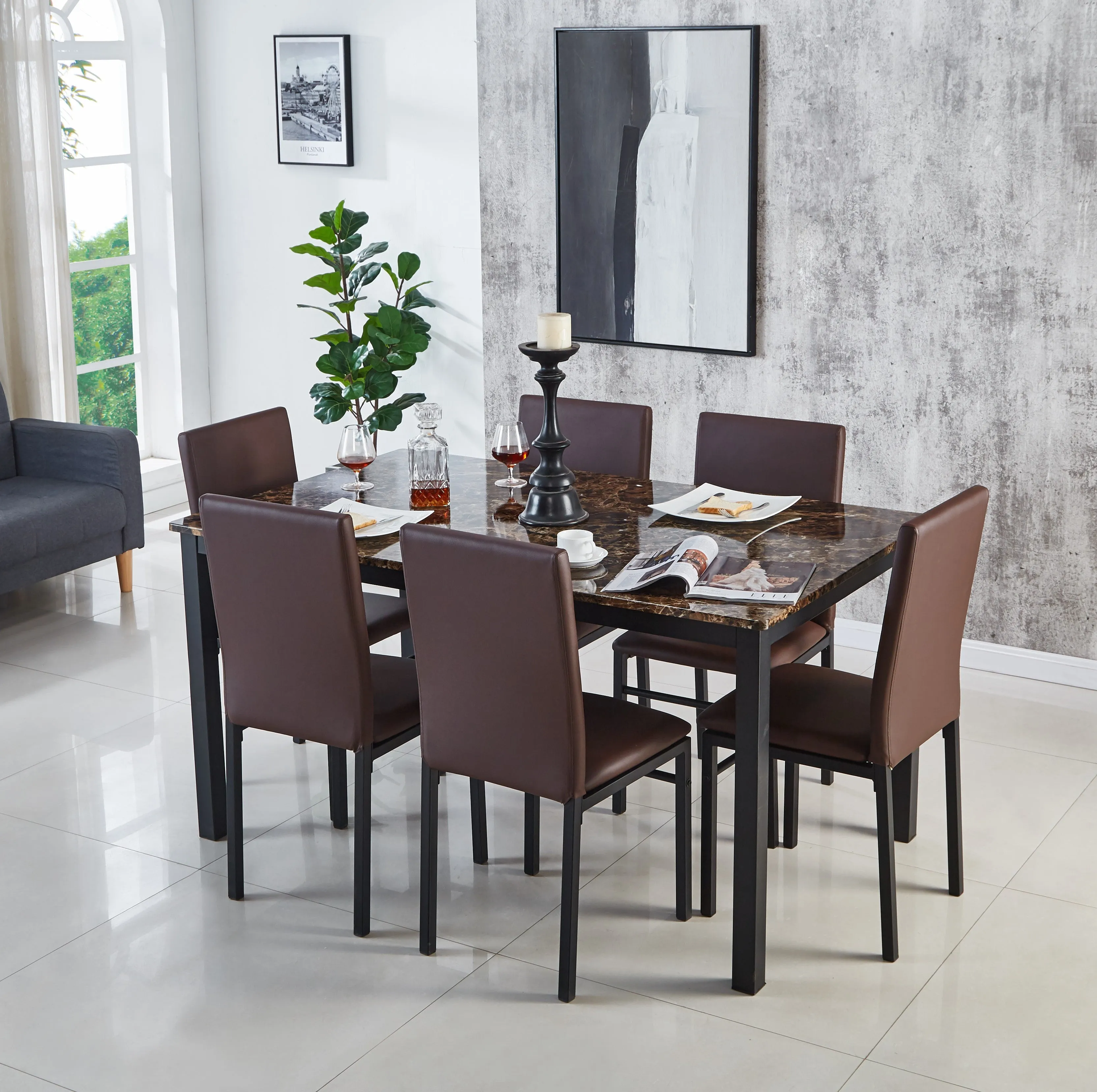 Emillia Marble Effect Dining Table and Chairs, Table with 4 Chairs or 6 Chairs