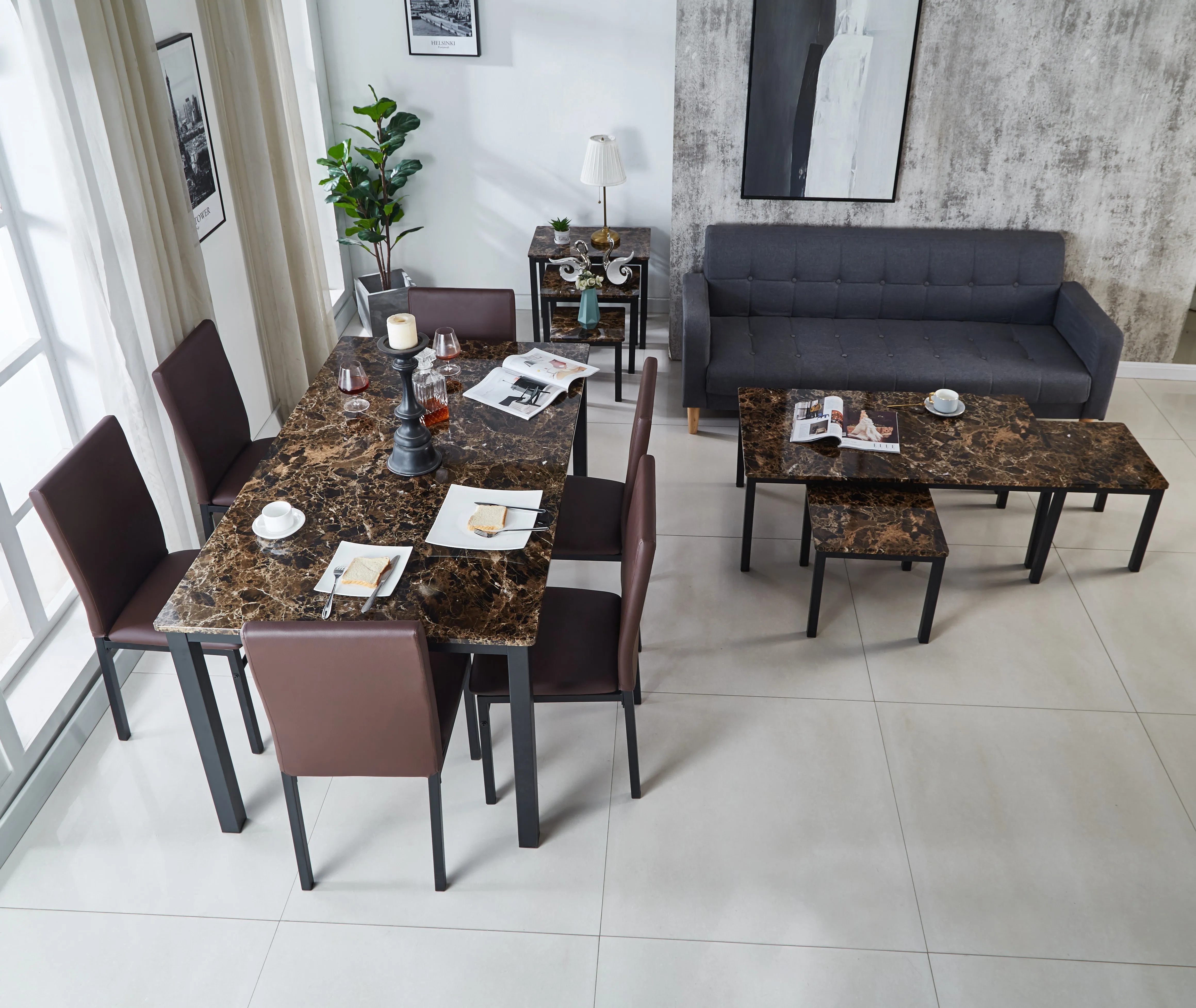 Emillia Marble Effect Dining Table and Chairs, Table with 4 Chairs or 6 Chairs