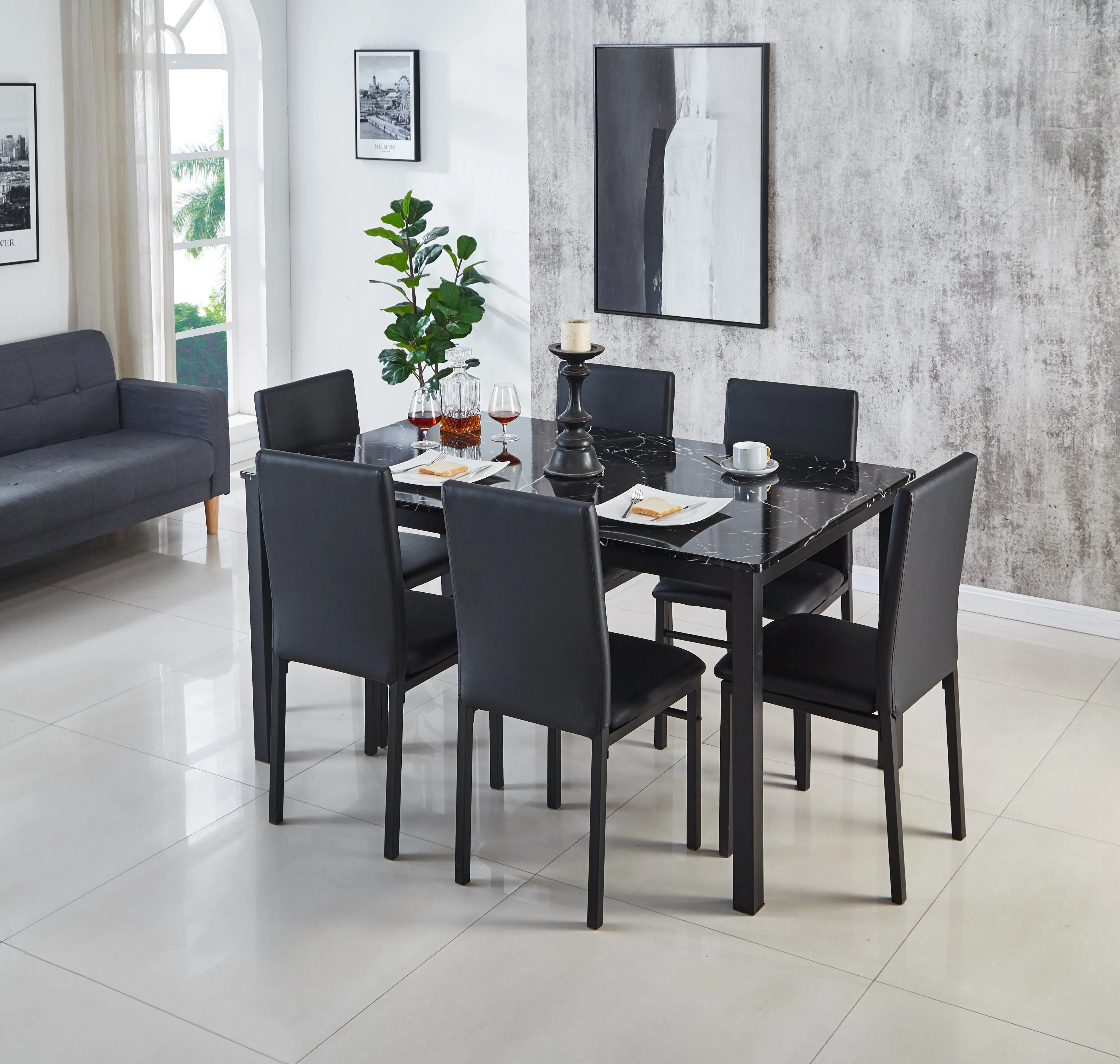 Emillia Marble Effect Dining Table and Chairs, Table with 4 Chairs or 6 Chairs
