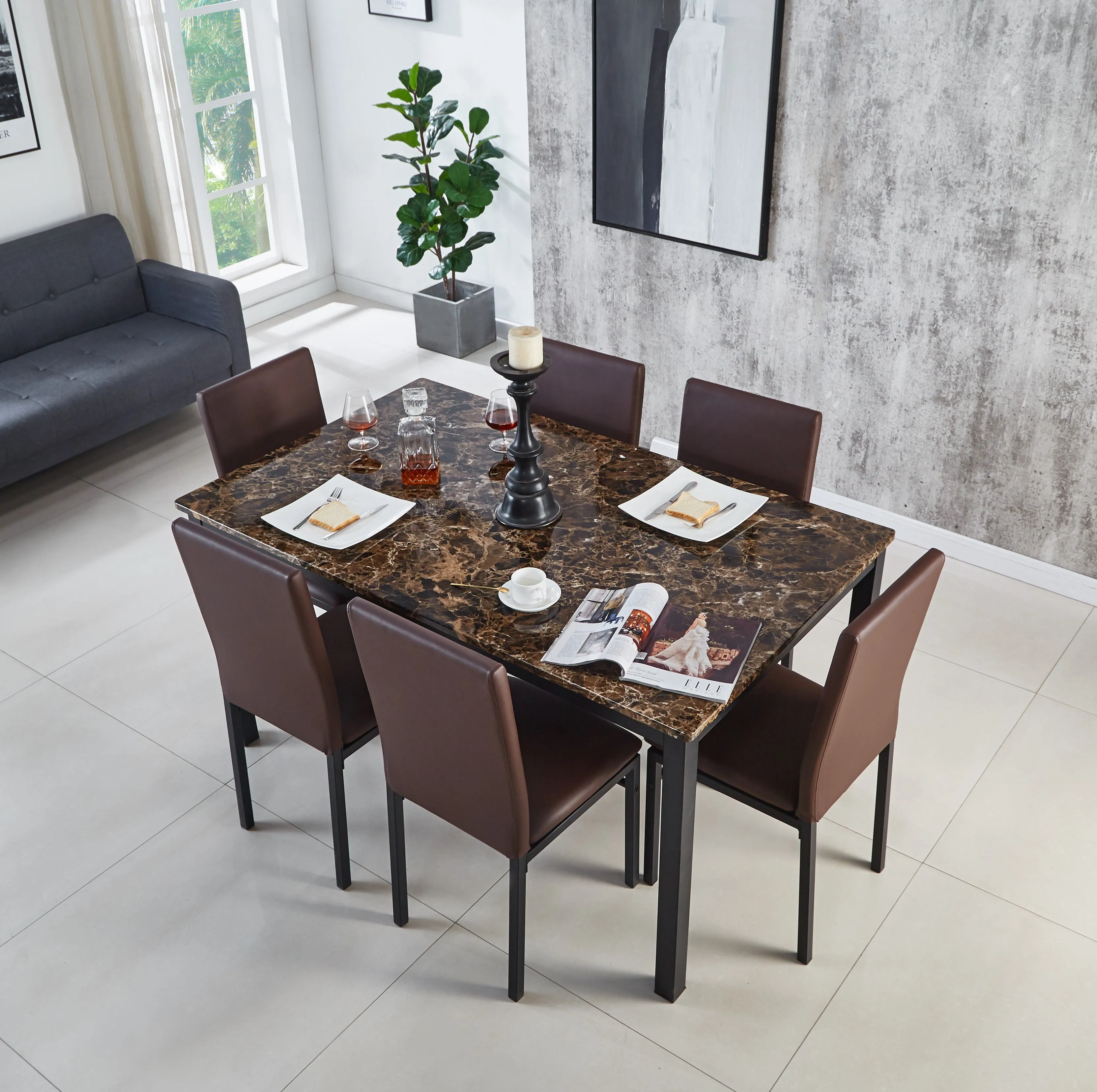 Emillia Marble Effect Dining Table and Chairs, Table with 4 Chairs or 6 Chairs