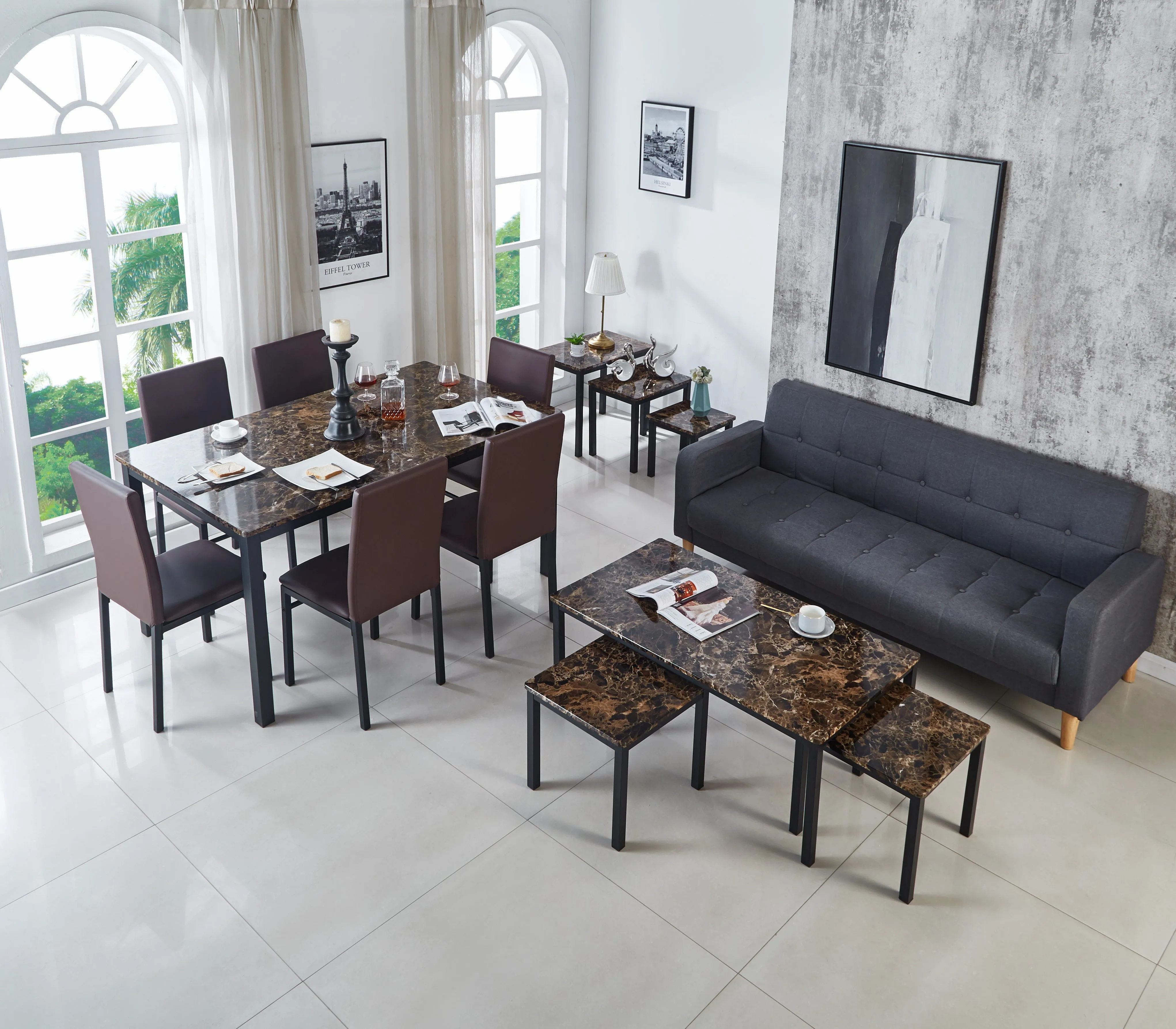 Emillia Marble Effect Dining Table and Chairs, Table with 4 Chairs or 6 Chairs