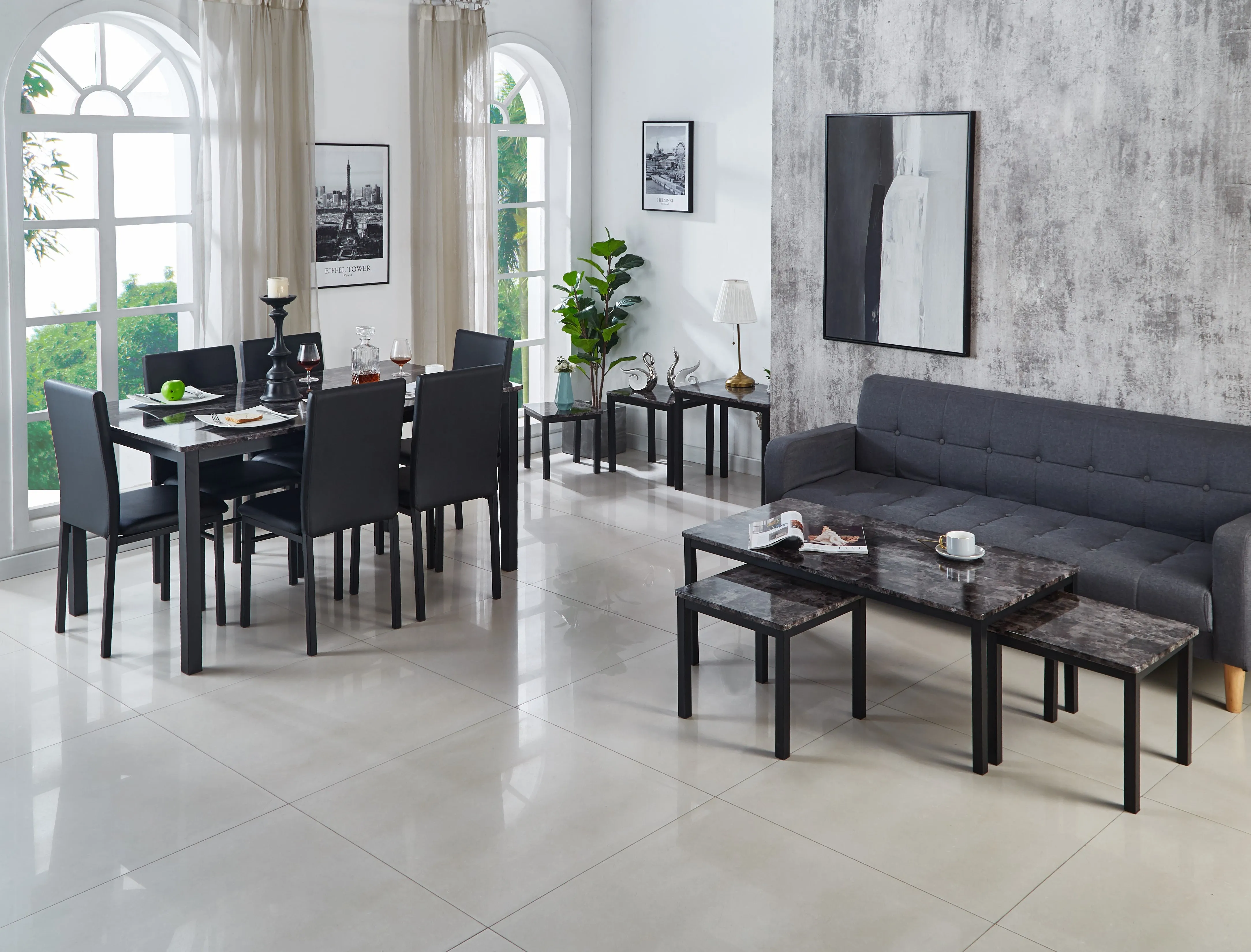Emillia Marble Effect Dining Table and Chairs, Table with 4 Chairs or 6 Chairs