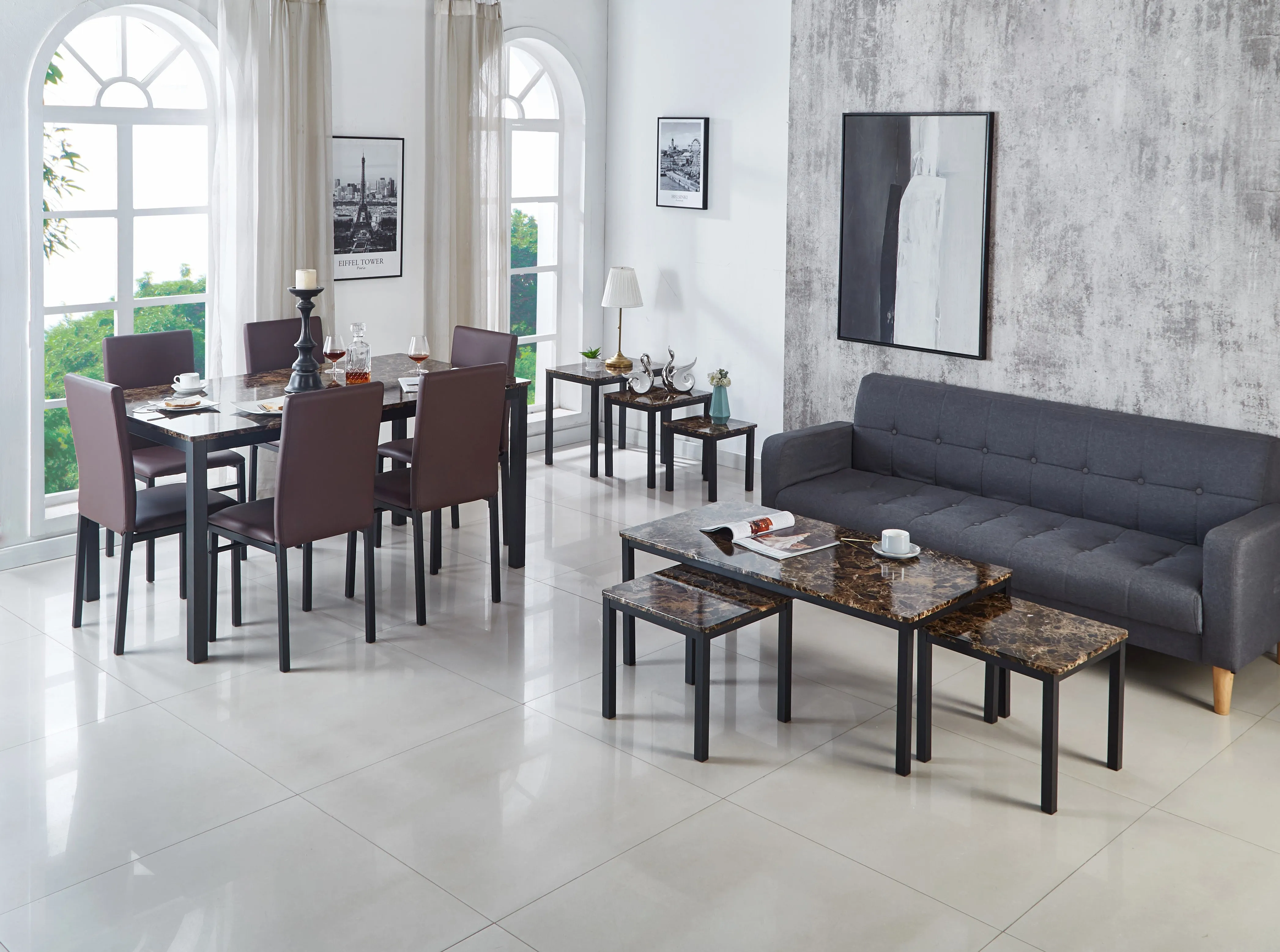 Emillia Marble Effect Dining Table and Chairs, Table with 4 Chairs or 6 Chairs