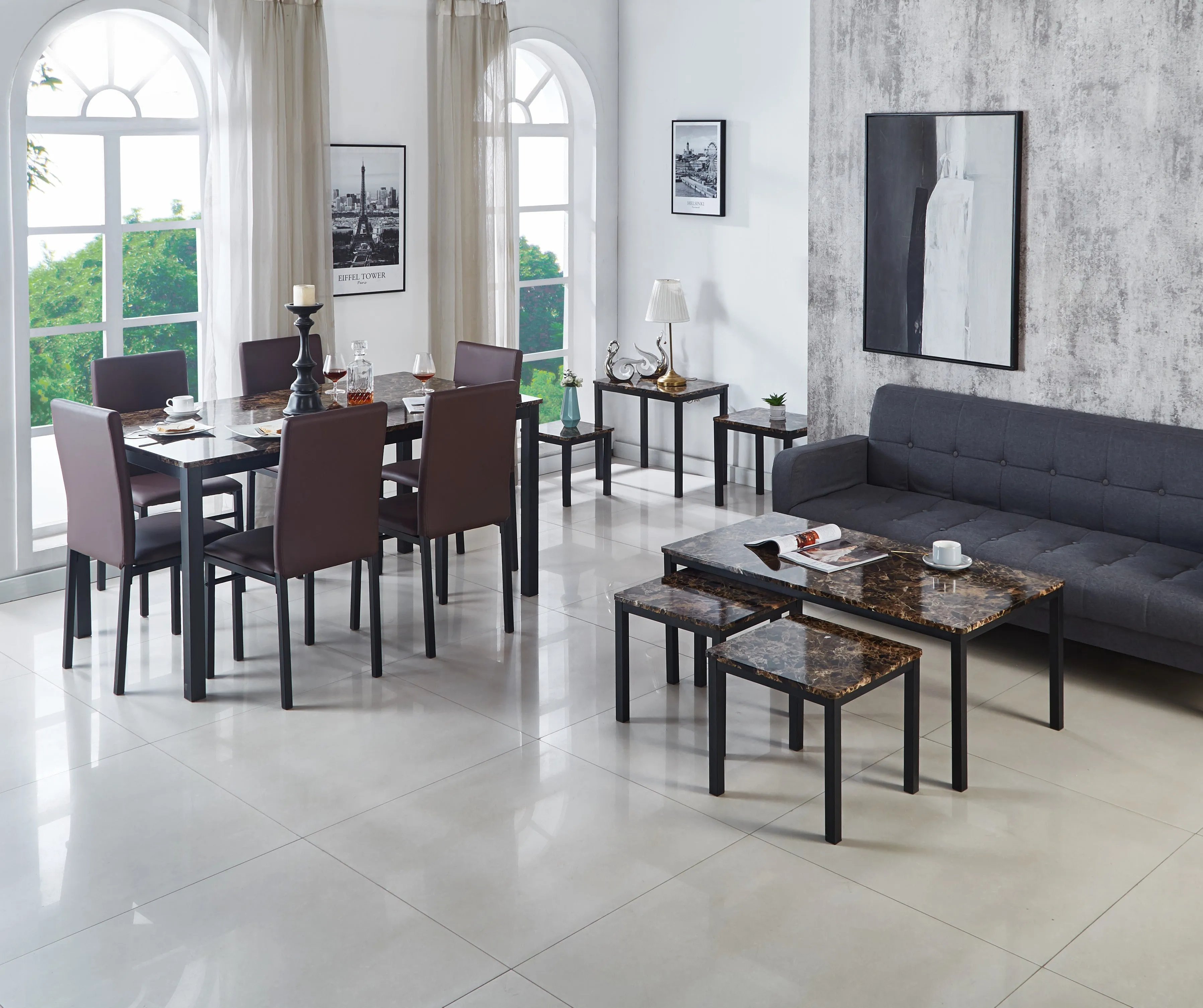 Emillia Marble Effect Dining Table and Chairs, Table with 4 Chairs or 6 Chairs