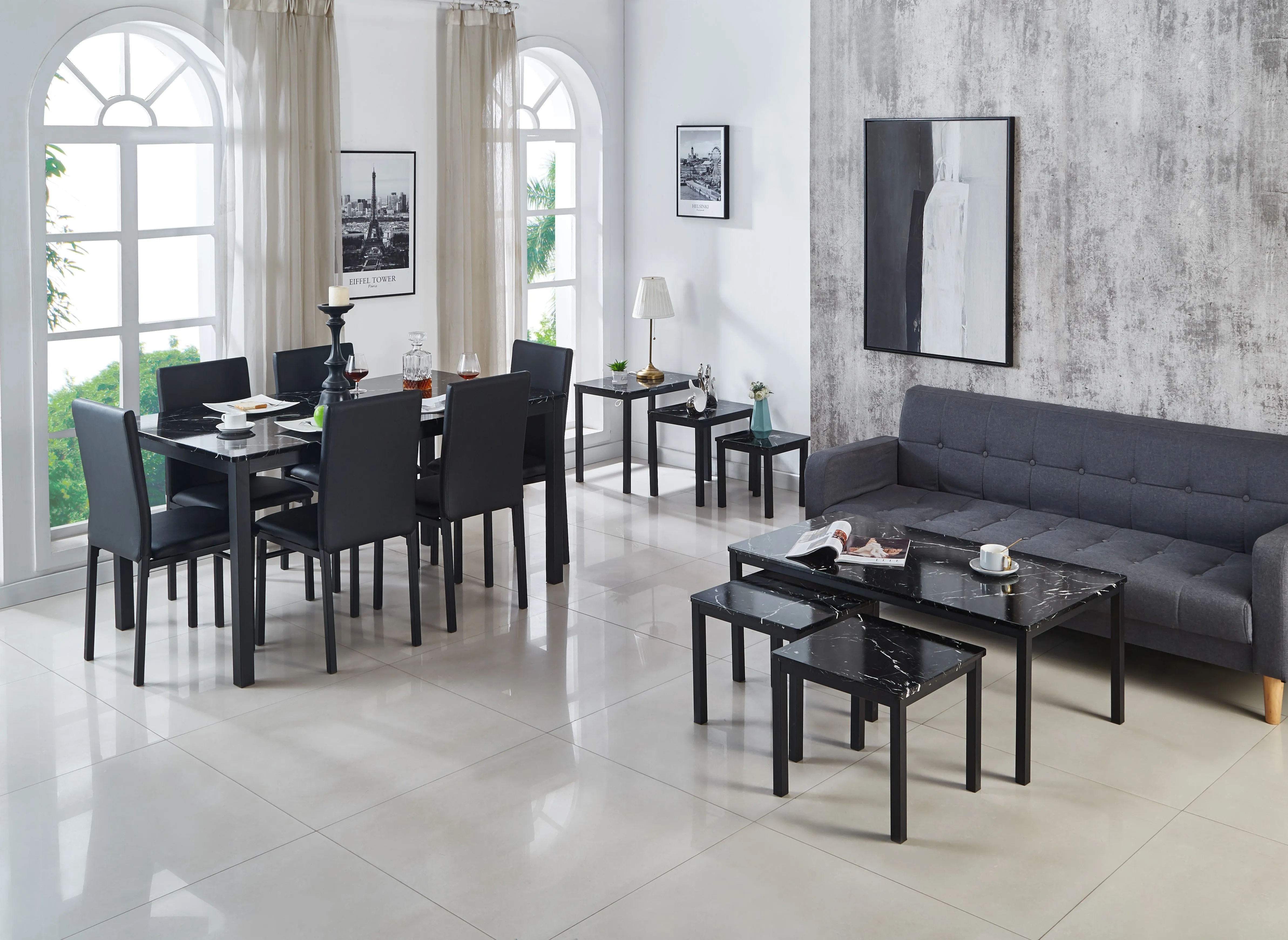 Emillia Marble Effect Dining Table and Chairs, Table with 4 Chairs or 6 Chairs