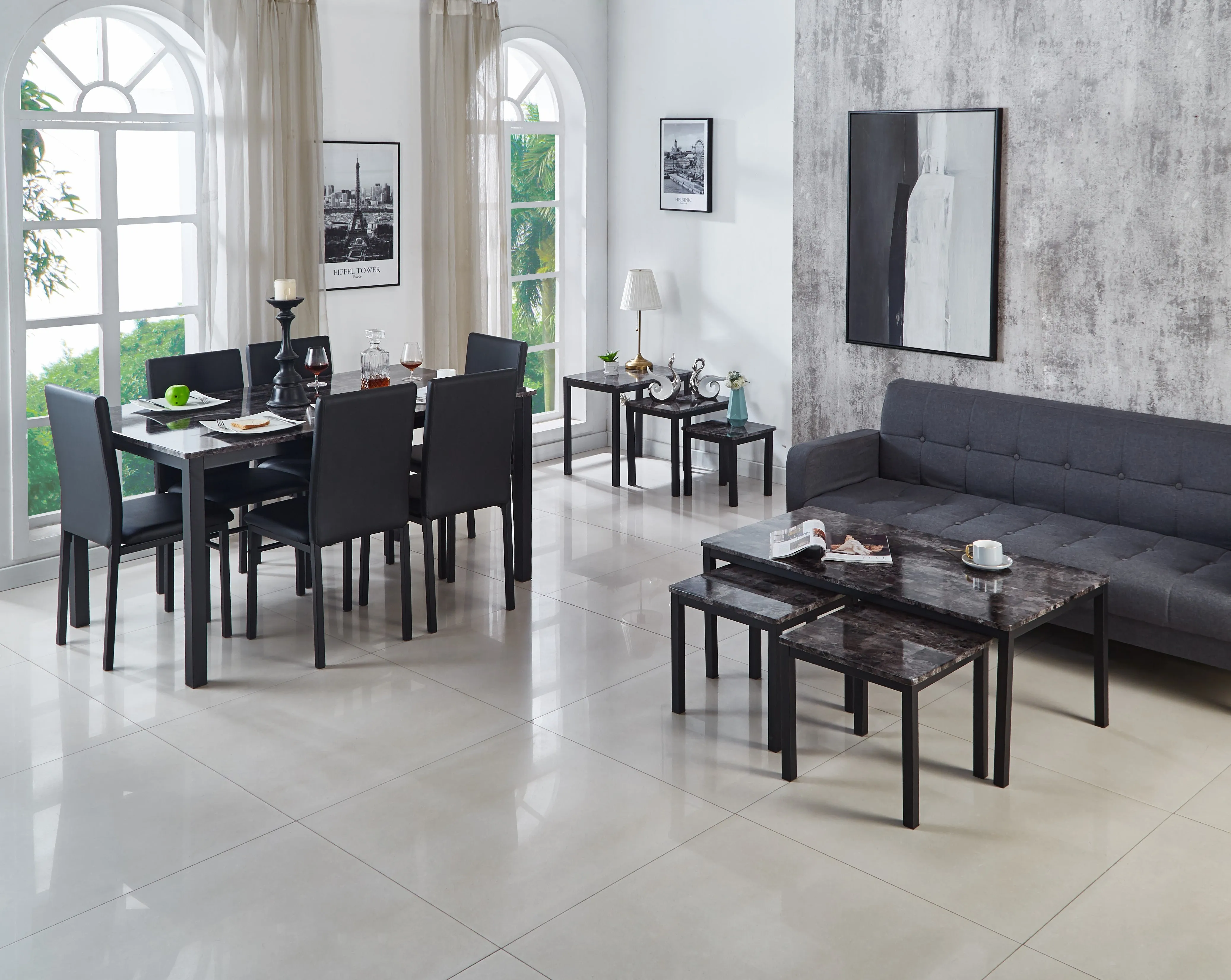 Emillia Marble Effect Dining Table and Chairs, Table with 4 Chairs or 6 Chairs