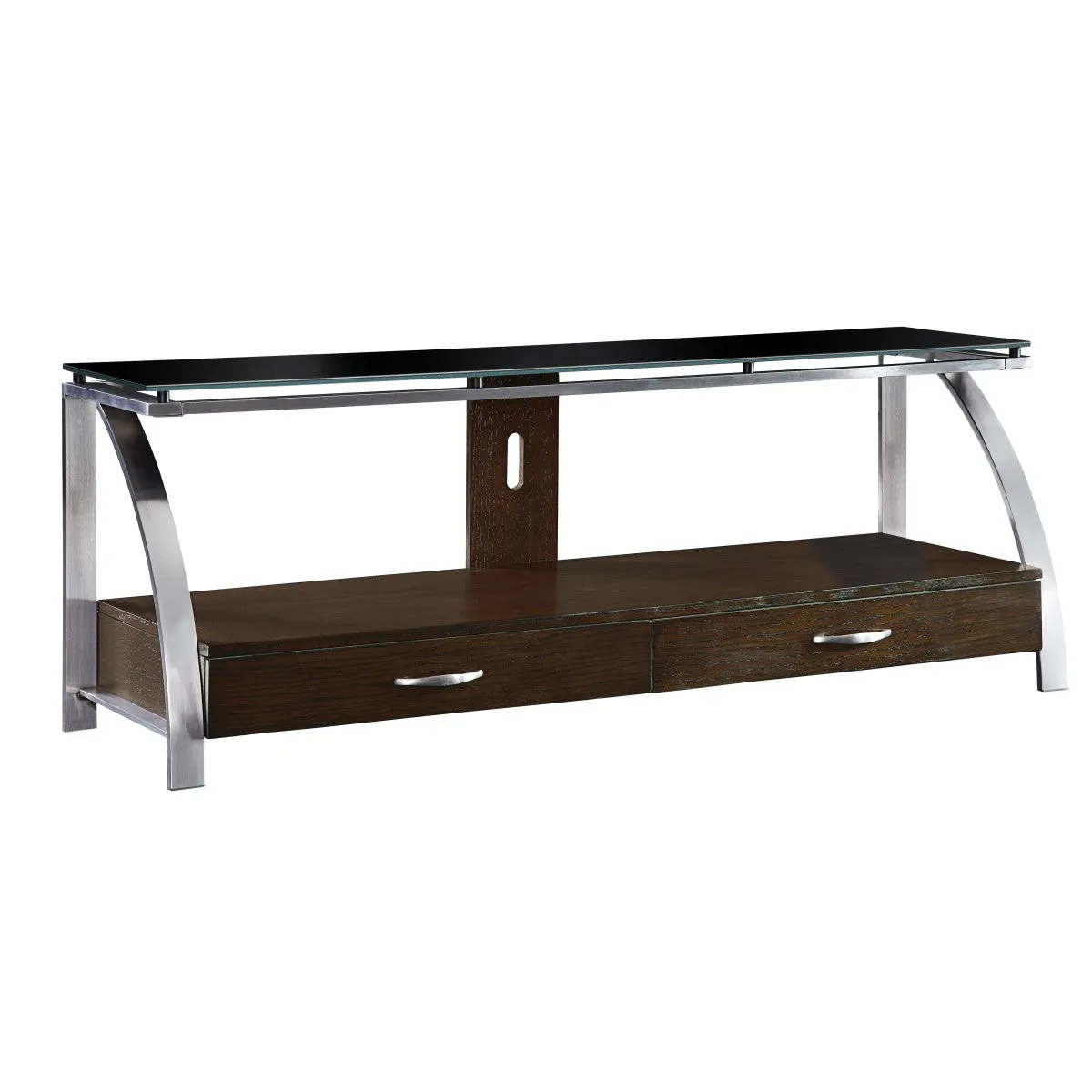 Espresso & Stainless Glass Top TV Stand with Storage & Wire Management