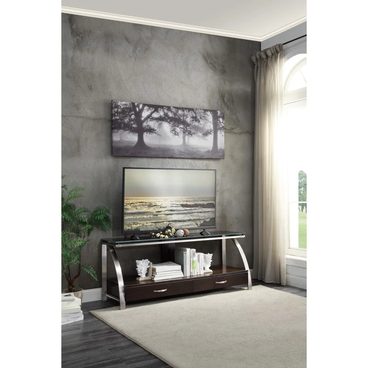 Espresso & Stainless Glass Top TV Stand with Storage & Wire Management