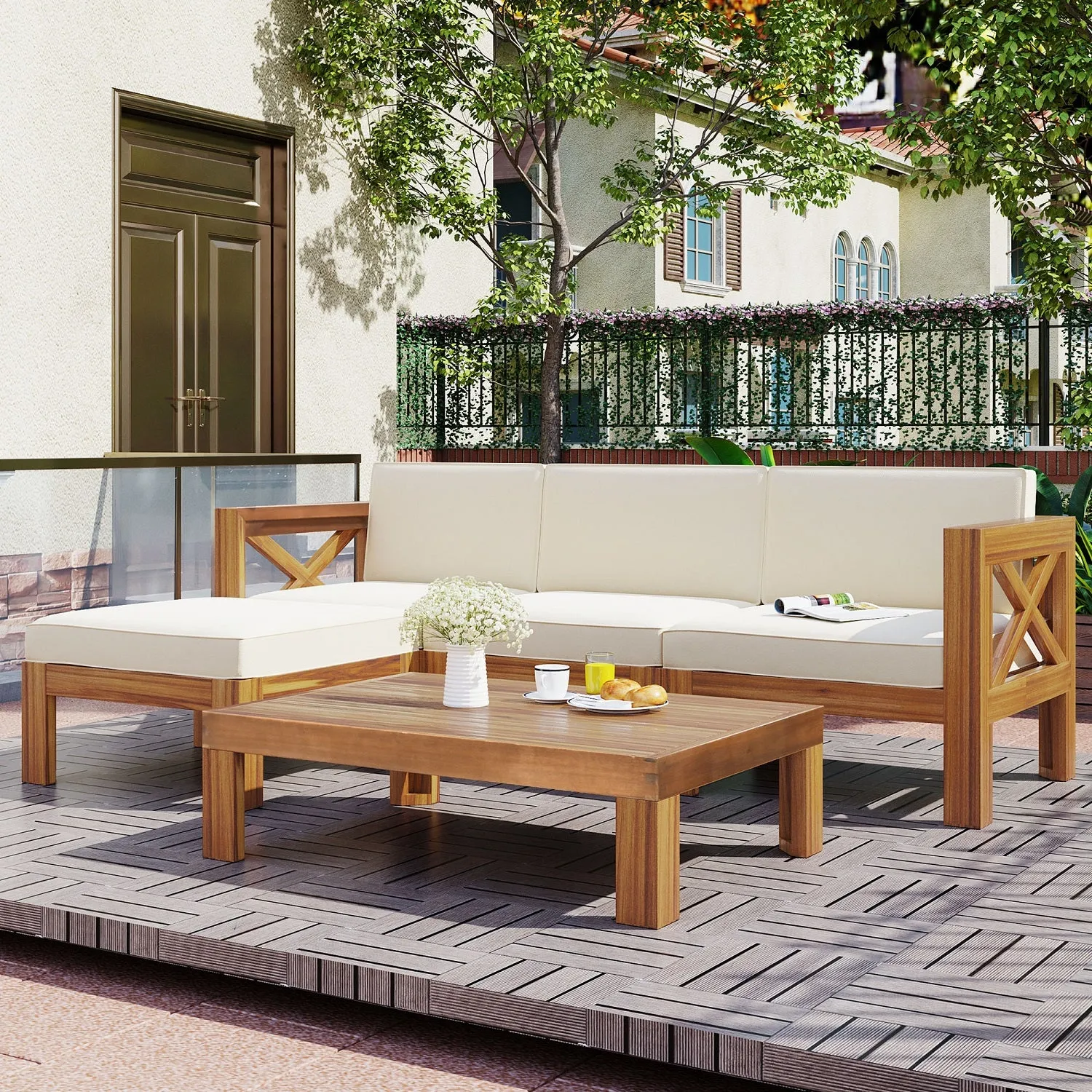 Fablise 5-Piece Patio Sectional Sofa Seating Group Set with Cushions in Natural Linen