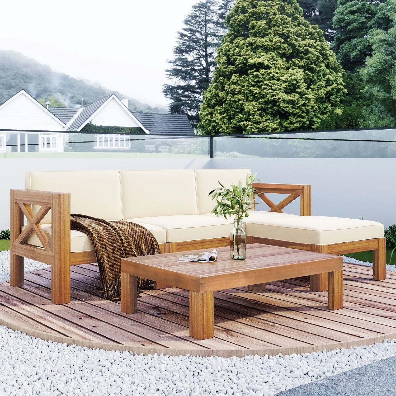 Fablise 5-Piece Patio Sectional Sofa Seating Group Set with Cushions in Natural Linen