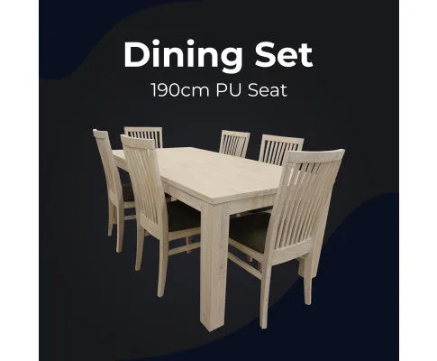 Foxglove 7pc Dining Set 190cm Table 6 PU Seat Chair Solid Mt Ash Wood - White