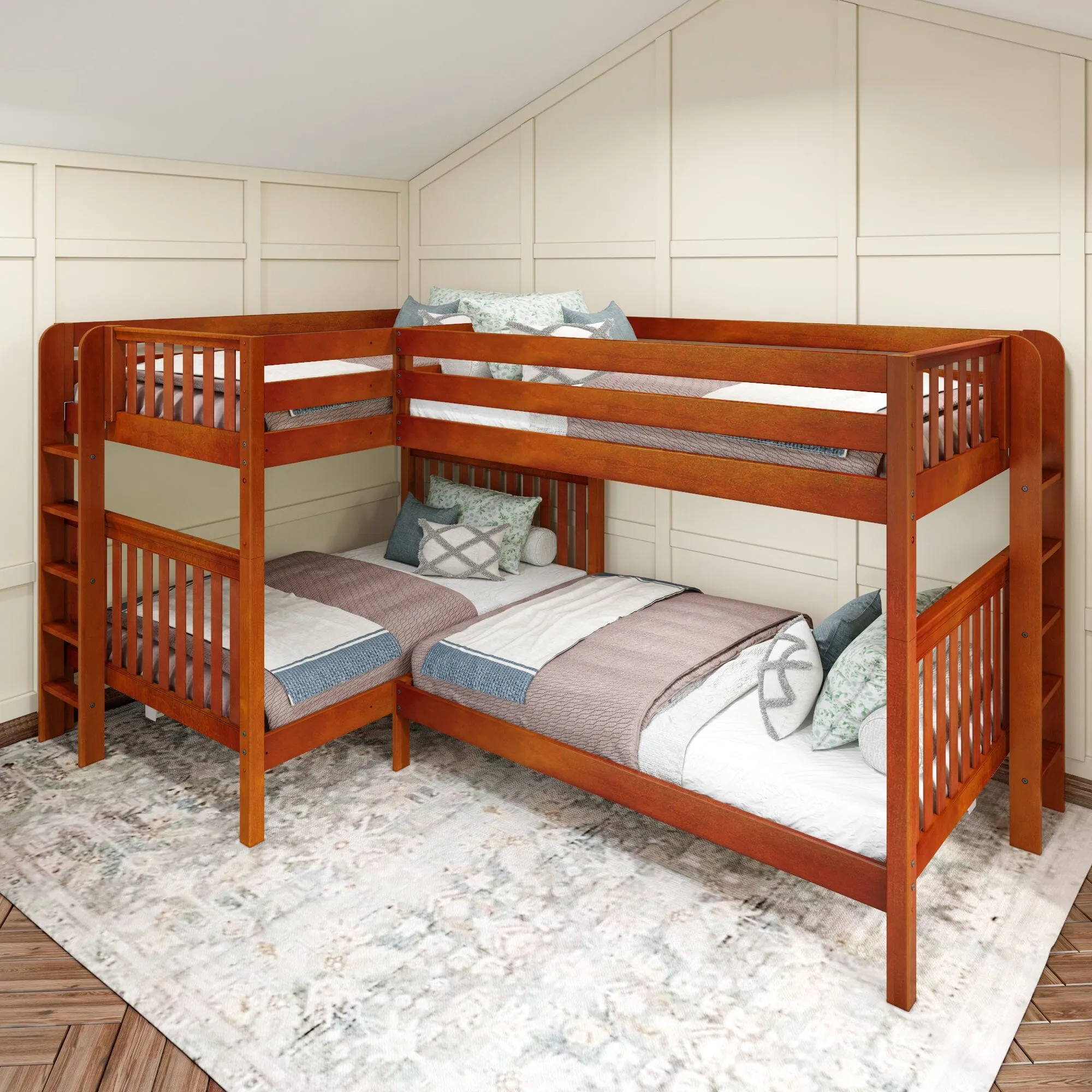 Full XL   Twin XL High Corner Bunk with Ladders on Ends