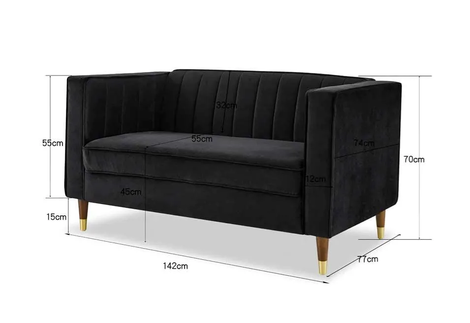 Griffen 2 Seater Fabric Sofa - Black Velvet