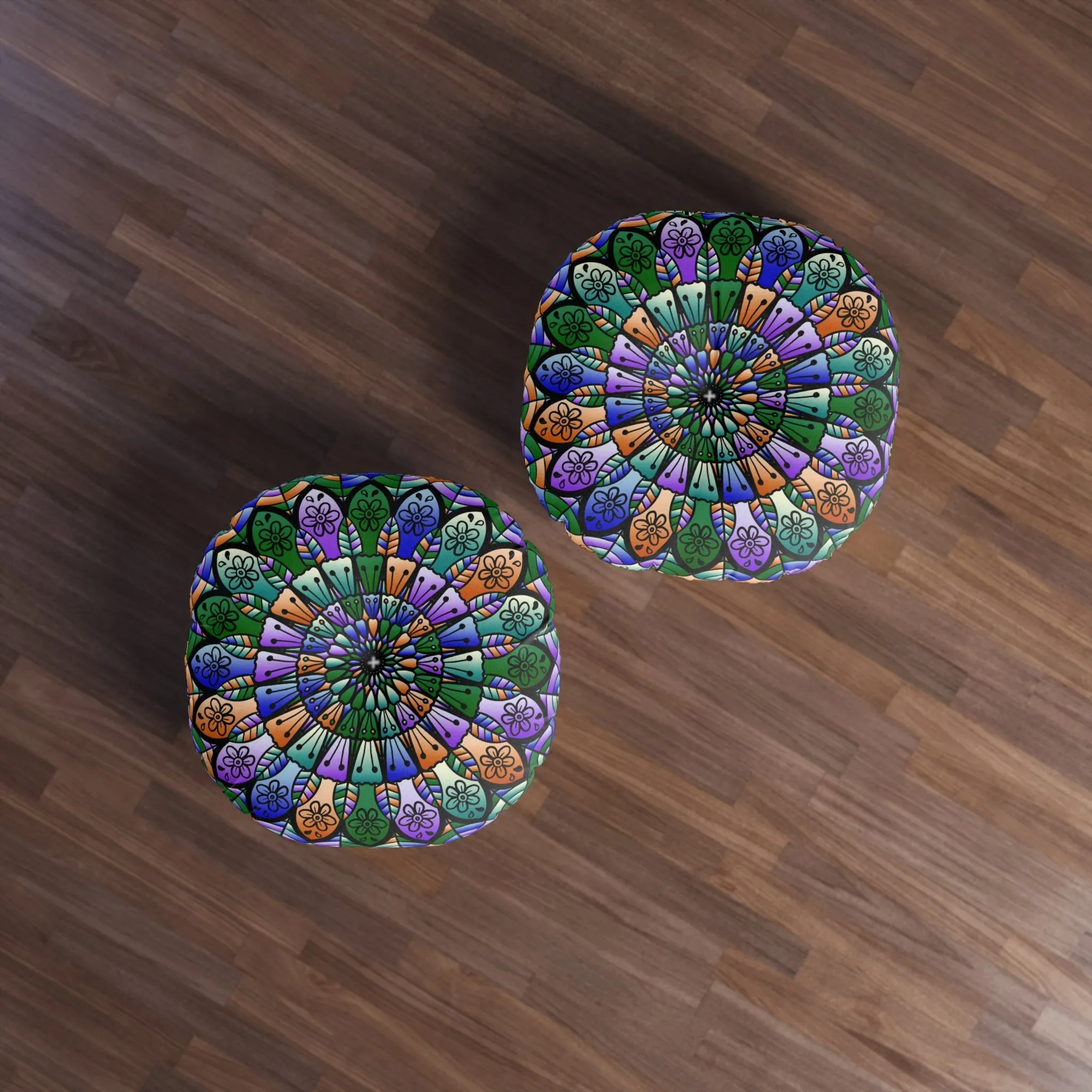 Hand Drawn Mandala Art Design on Tufted Floor Pillow - Beautiful Colors on Dark Blue Background