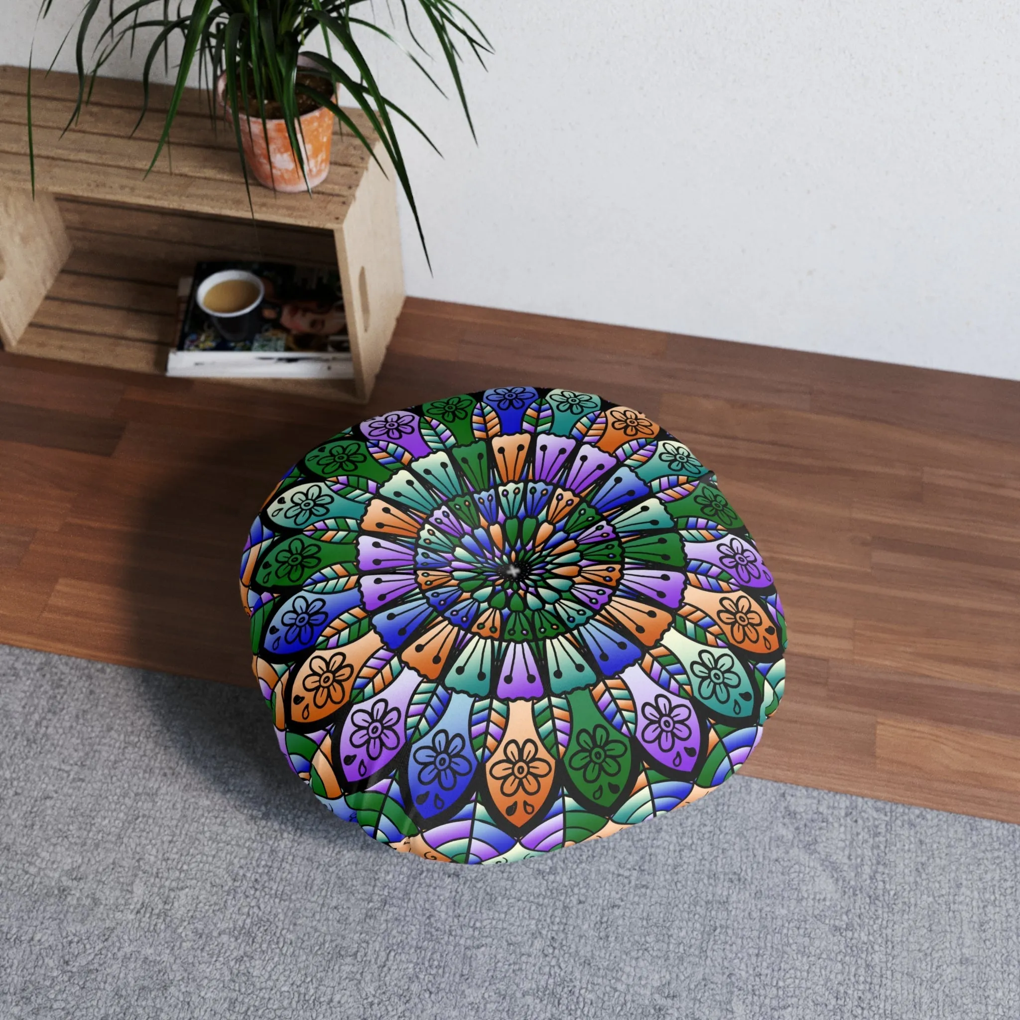 Hand Drawn Mandala Art Design on Tufted Floor Pillow - Beautiful Colors on Dark Blue Background