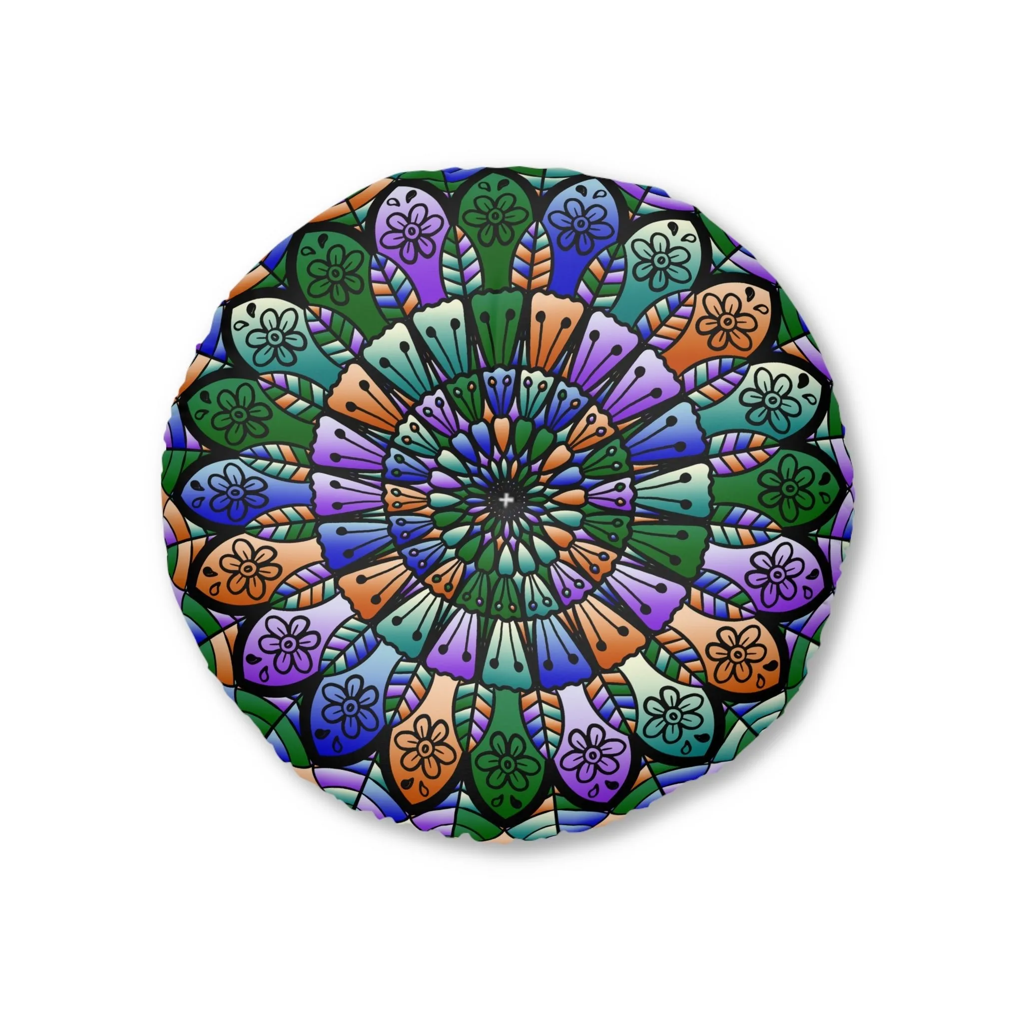 Hand Drawn Mandala Art Design on Tufted Floor Pillow - Beautiful Colors on Dark Blue Background