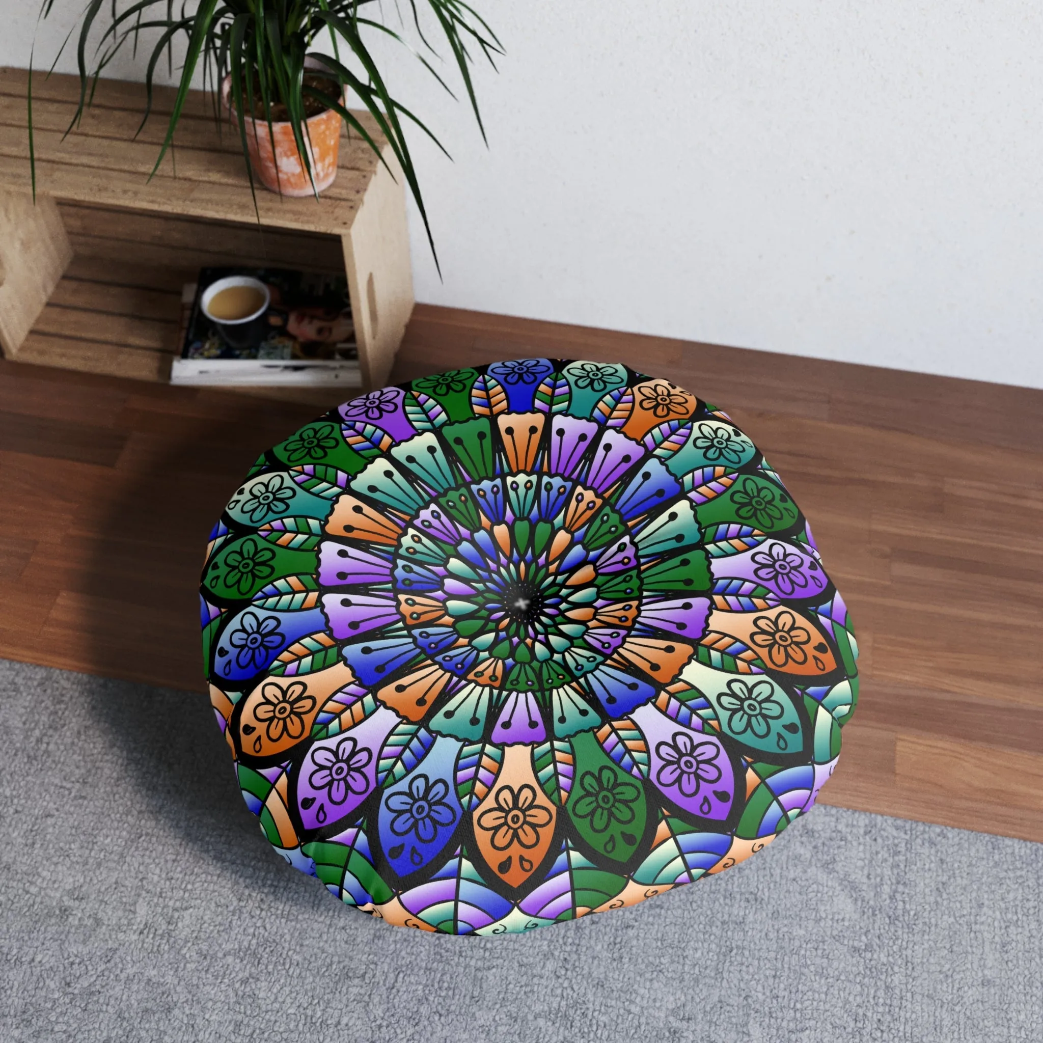 Hand Drawn Mandala Art Design on Tufted Floor Pillow - Beautiful Colors on Dark Blue Background