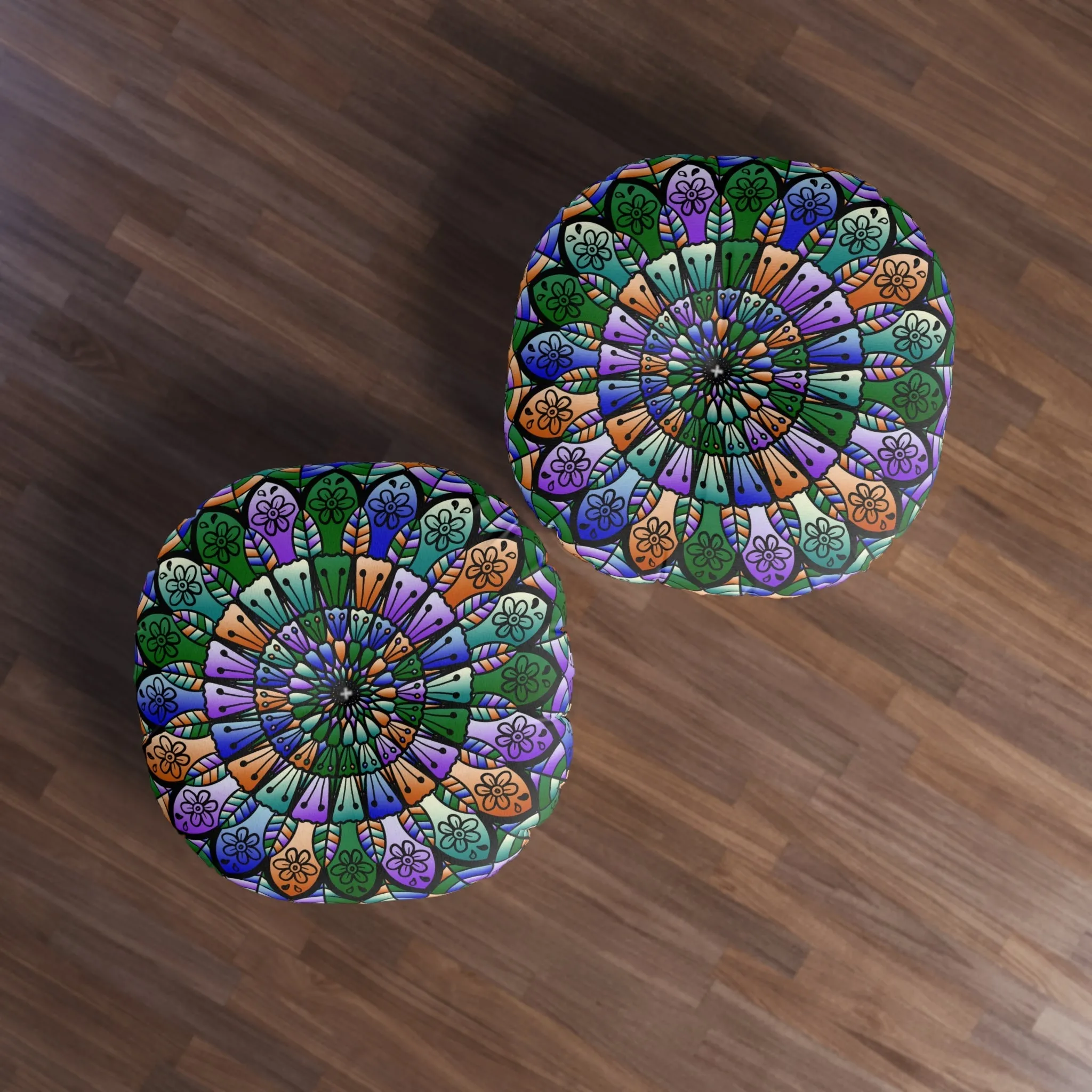 Hand Drawn Mandala Art Design on Tufted Floor Pillow - Beautiful Colors on Dark Blue Background