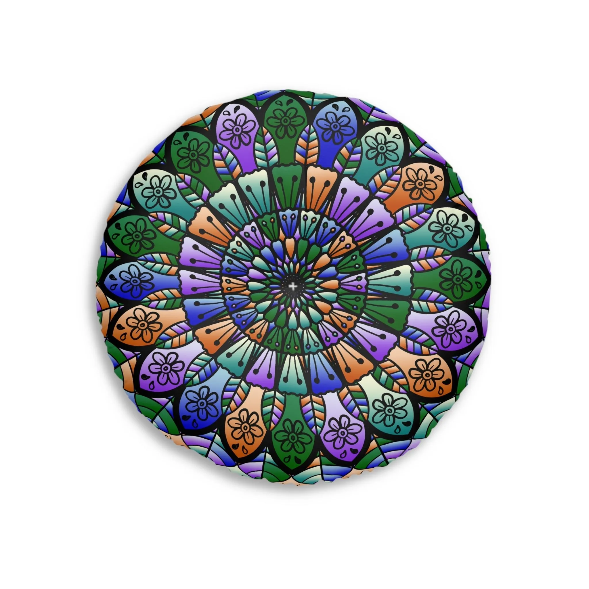 Hand Drawn Mandala Art Design on Tufted Floor Pillow - Beautiful Colors on Dark Blue Background
